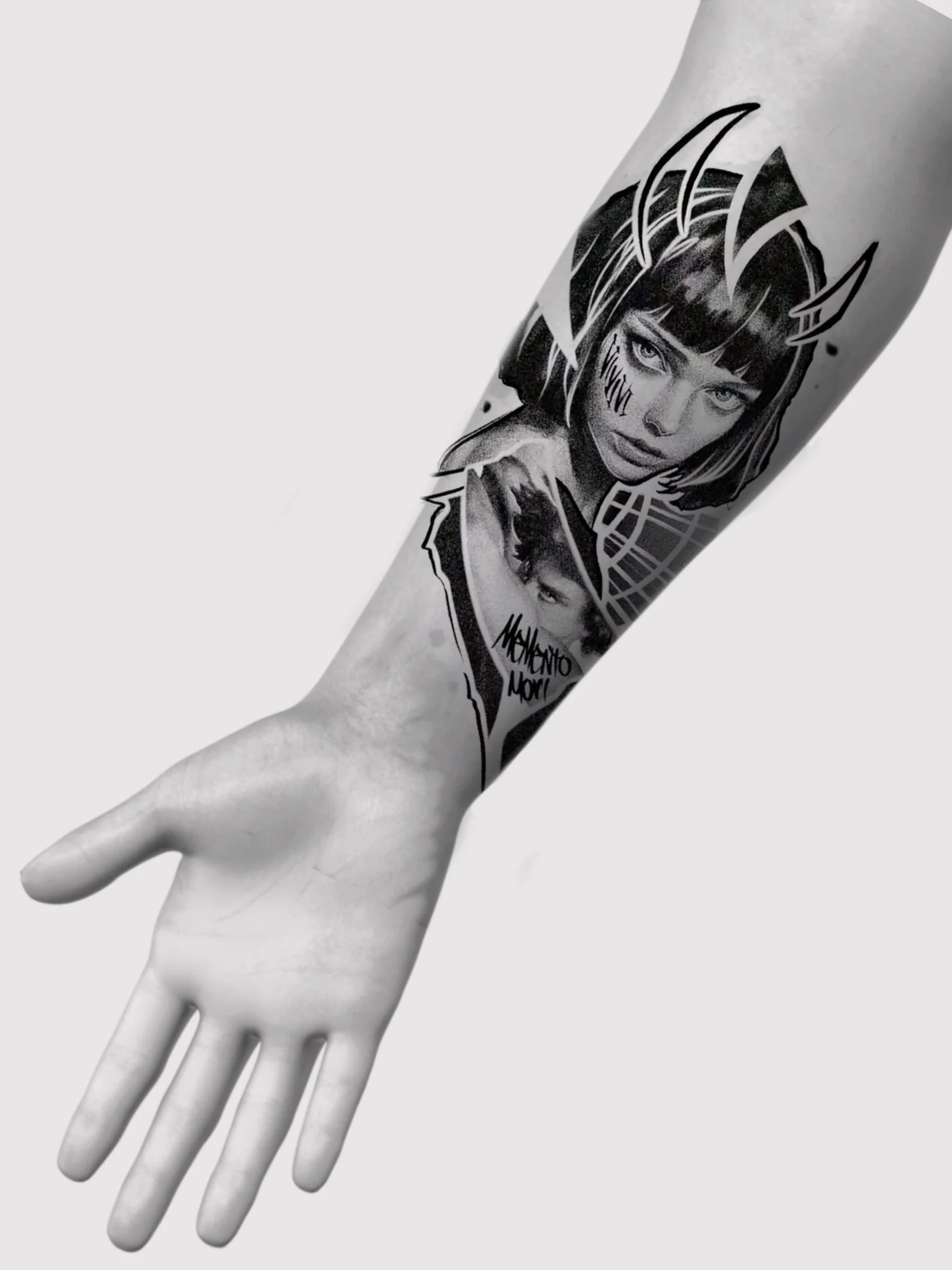 Black and white tattoo of a woman's face with dark hair, devils horns, and face markings on a person's arm.