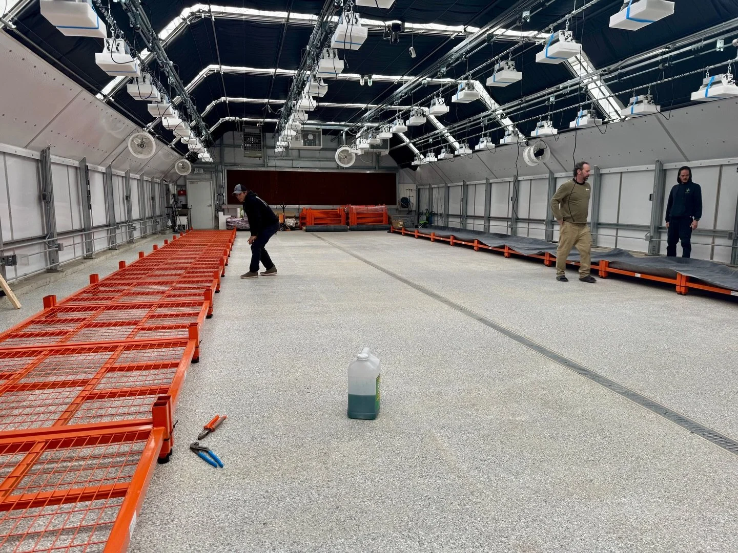 Inside the greenhouse, our team is working to prep all the racks that will hold our living soil, making sure everything is level, secure, and clean before we begin setting up the beds.