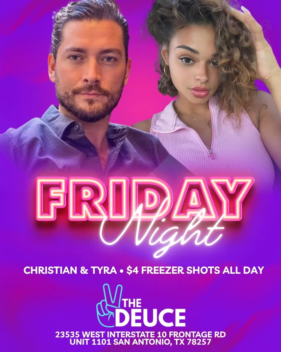 Friday night at The Deuce 🎶
Christian &amp; Tyra keeping the vibes going all night!

🍹 $4 freezer shots all night long
✌🏼 Start your weekend off right here at The Deuce!

#TheDeuceSA #FridayVibes #SanAntonioNights