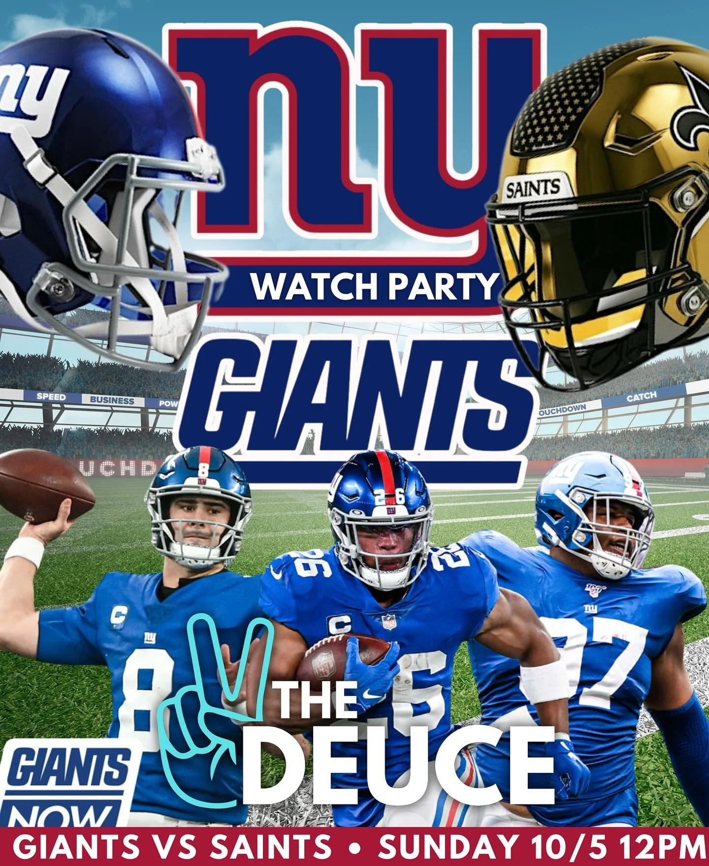 Join us for the Giants Watch Party! 🏈
Giants vs Saints &mdash; Today, October 5th at 12PM!

Free food till we run out!

Catch all the action with us, grab a drink, and cheer on your team! ✌🏼
#TheDeuceSA #NFL #GiantsNation #SundayFunday
