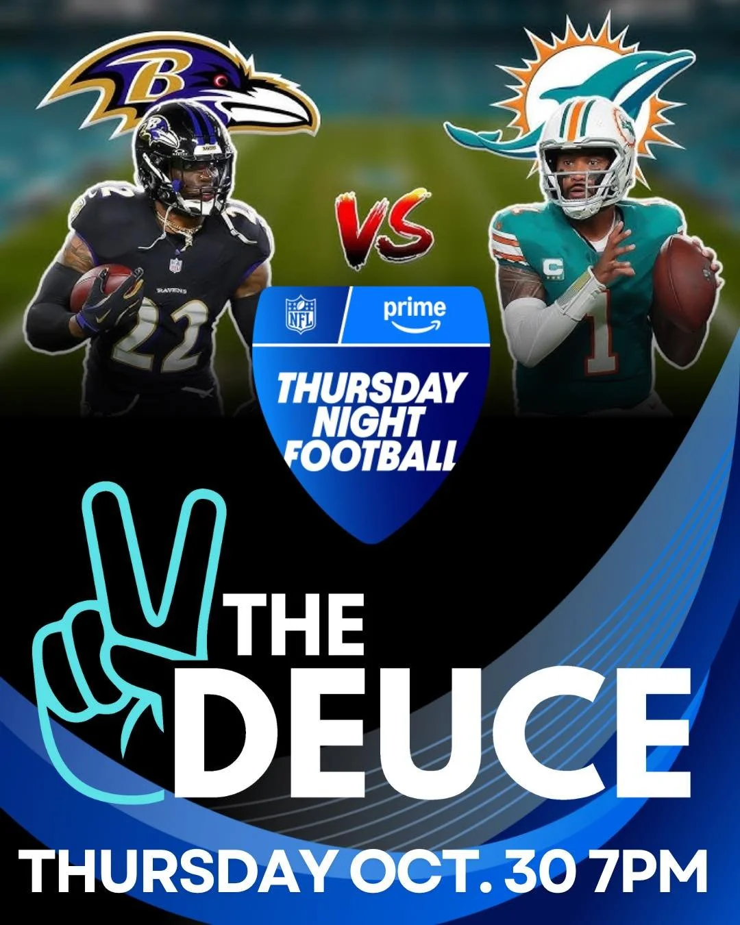 ✌🏼 Thursday Night Football at The Deuce! 🏈
Tonight &mdash; October 30th at 7PM &mdash; it&rsquo;s the Ravens vs Dolphins showdown! 💜🐬

Catch all the action with cold drinks, great vibes, and your favorite bartenders behind the bar 🍻🔥

#TheDeuce