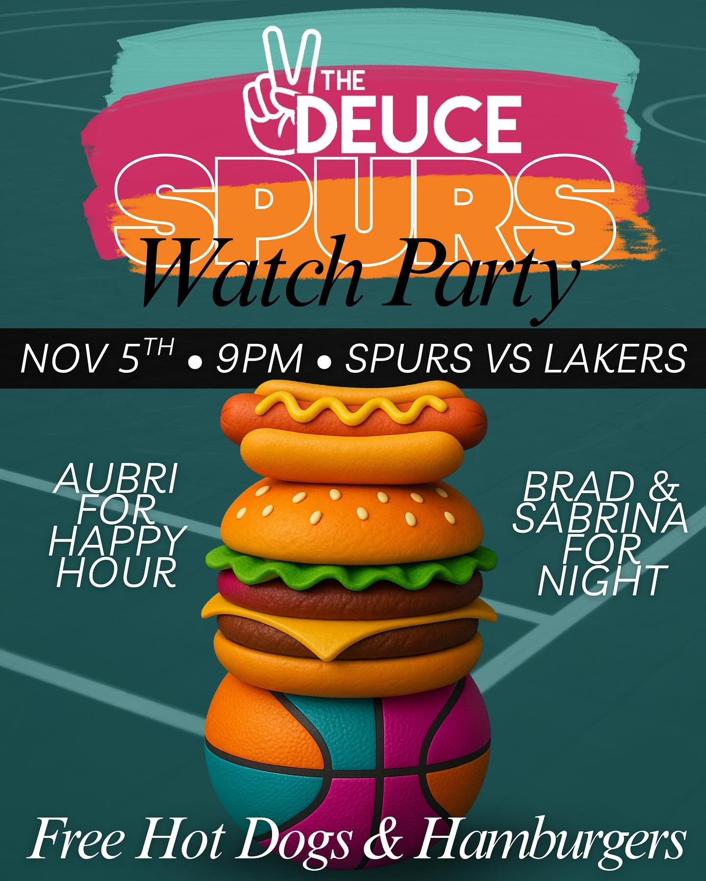 🏀 SPURS WATCH PARTY at The Deuce! 🏀

It&rsquo;s game time &mdash; join us Wednesday, Nov 5th at 9PM for Spurs vs Lakers!
We&rsquo;re firing up the grill with FREE hot dogs &amp; hamburgers all night 🍔🌭

🍻 Aubri for Happy Hour
🎉 Brad &amp; Sabri