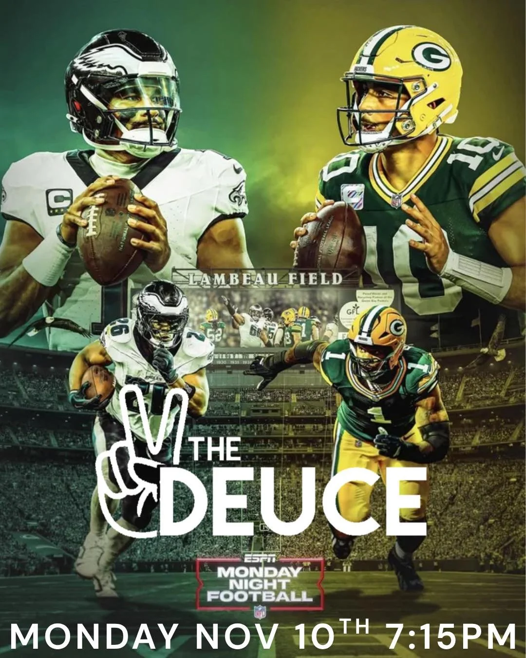 🏈 MONDAY NIGHT FOOTBALL at The Deuce! 🍻

The Eagles face off against the Packers &mdash; kickoff at 7:15PM!
Catch all the action, cold drinks, and game-day energy with us tonight! 🍺🔥

Bring your friends, grab a table, and let&rsquo;s make Monday 