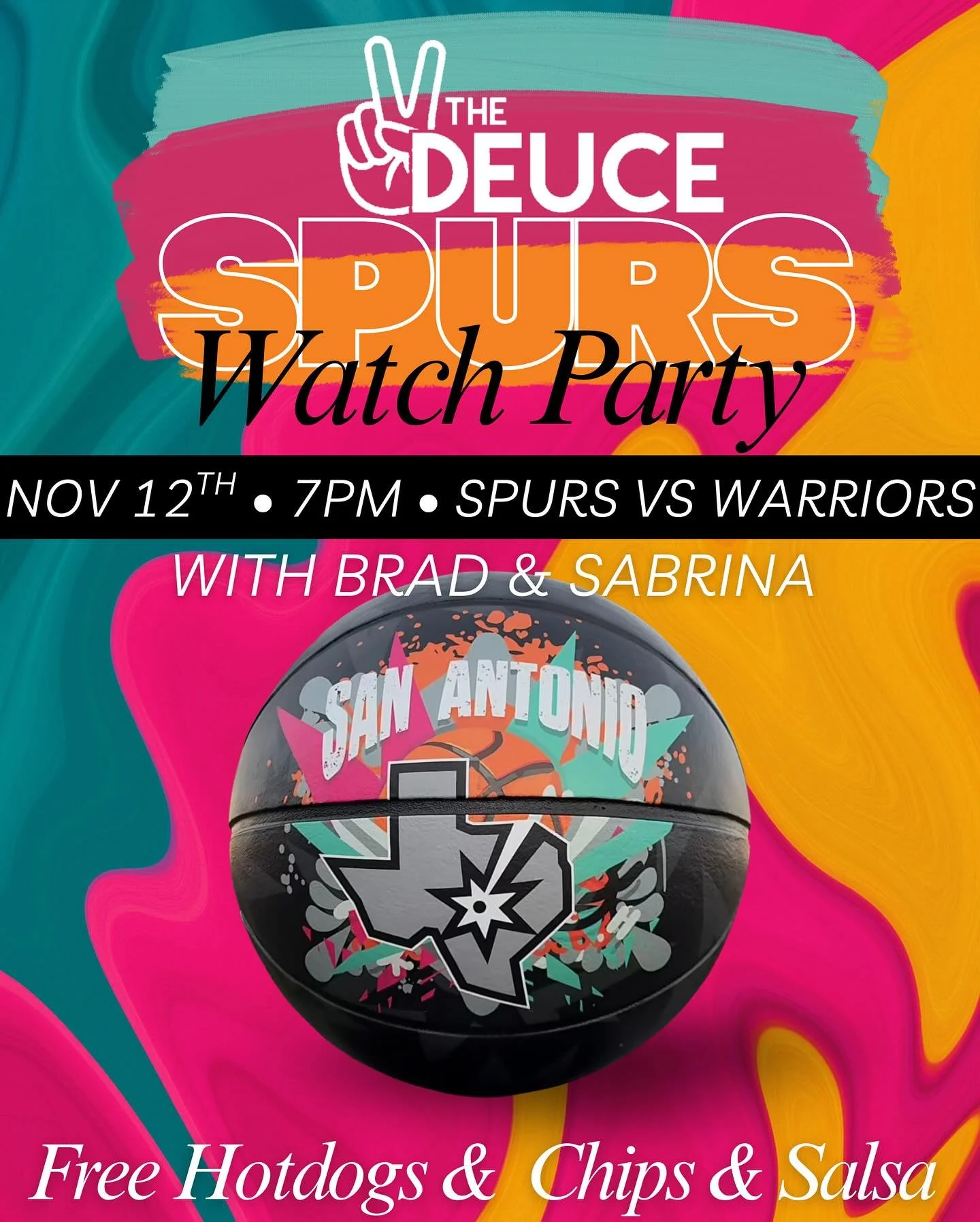 🏀 It&rsquo;s SPURS WATCH PARTY time at The Deuce! 🎉

Join Brad &amp; Sabrina tonight, Nov 12th at 7PM, as the Spurs take on the Warriors! 🖤🤍
We&rsquo;ll have FREE hotdogs, chips &amp; salsa, and all the good vibes you need to cheer on San Antonio