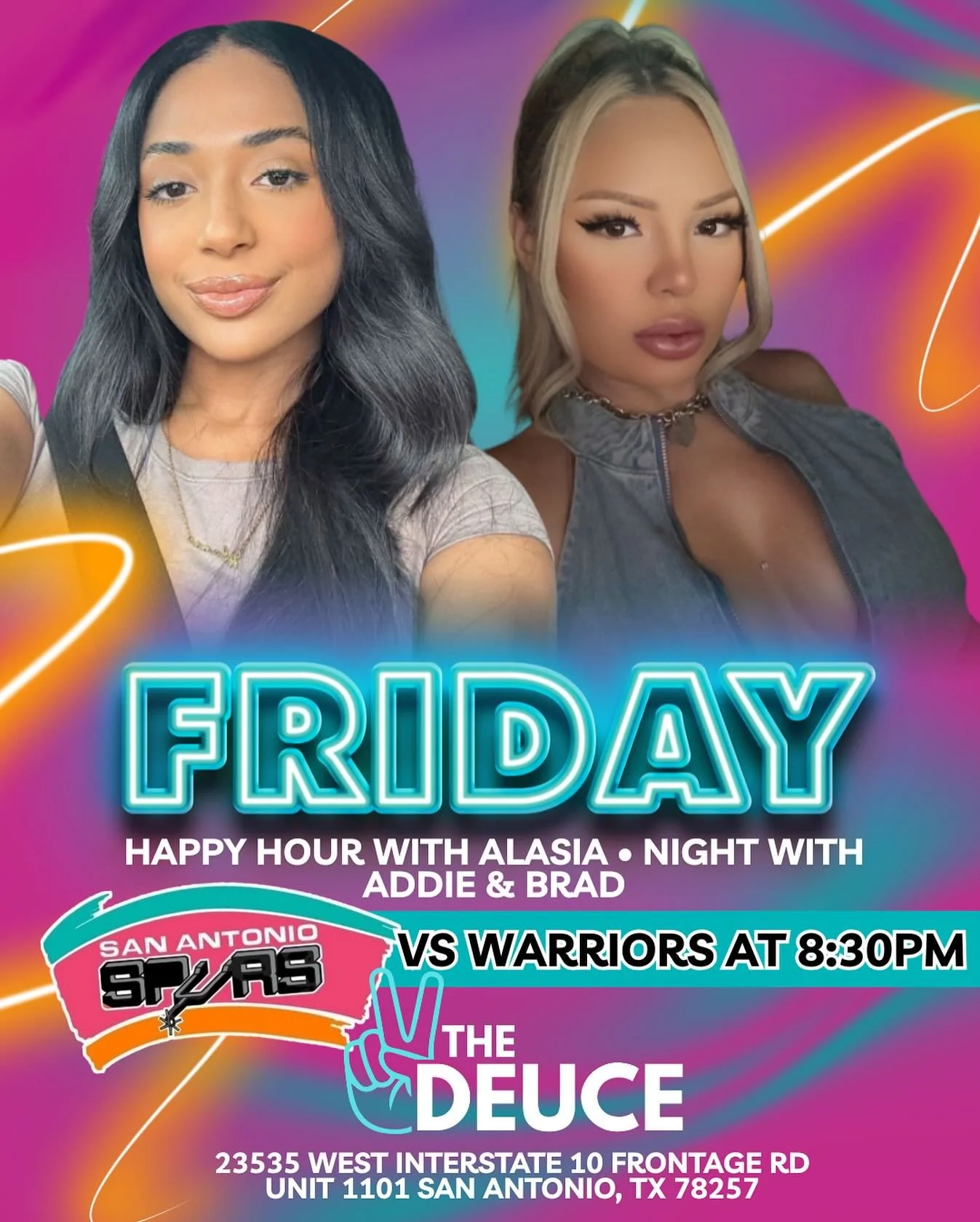 THE DEUCE &mdash; FRIDAY NIGHT! 🎉
Kick off your weekend with us!
Happy Hour with Alasia, followed by a full night with Addie &amp; Brad behind the bar 🍹✨

We&rsquo;ve got the San Antonio Spurs vs. Warriors game on at 8:30PM &mdash; catch every play