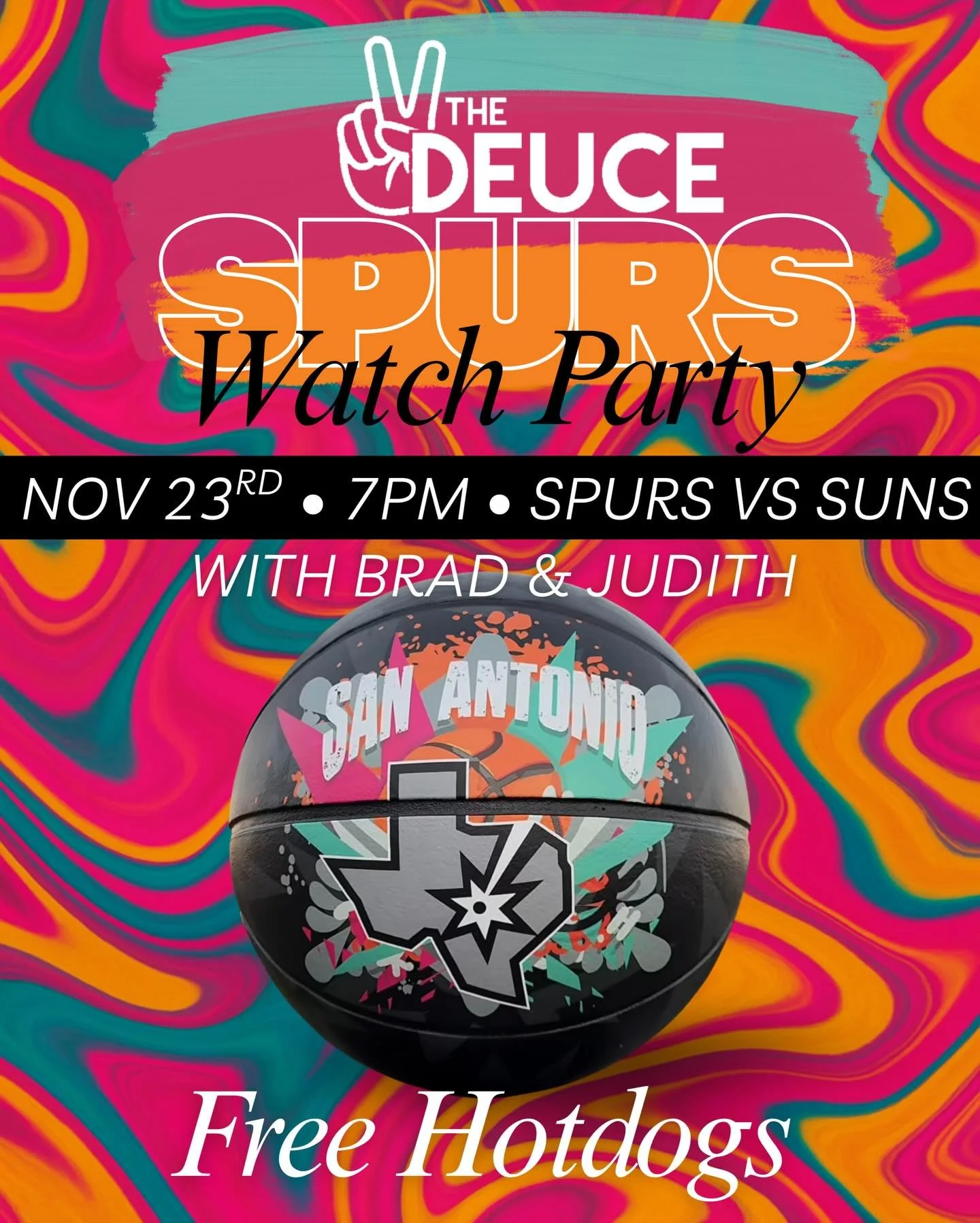 SPURS WATCH PARTY &mdash; TONIGHT at The Deuce!
Join Brad &amp; Judith as we cheer on our Spurs taking on the Suns!
Tip-off at 7PM &mdash; grab your crew, grab a drink, and settle in for the ultimate game-night vibe.

🎉 PLUS: Free Hotdogs!
Because b