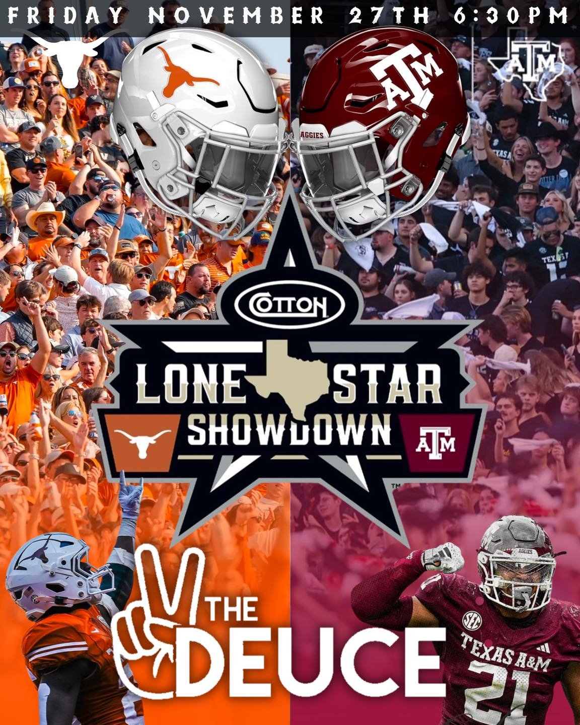 It&rsquo;s Lone Star Showdown night at The Deuce!
Kickoff is at 6:30pm, and we&rsquo;re gearing up for one of the biggest Texas rivalries out there!

🤘🏼 Longhorns or 👍🏼 Aggies&hellip; who are you backing tonight?
Bring the crew, grab a drink, and