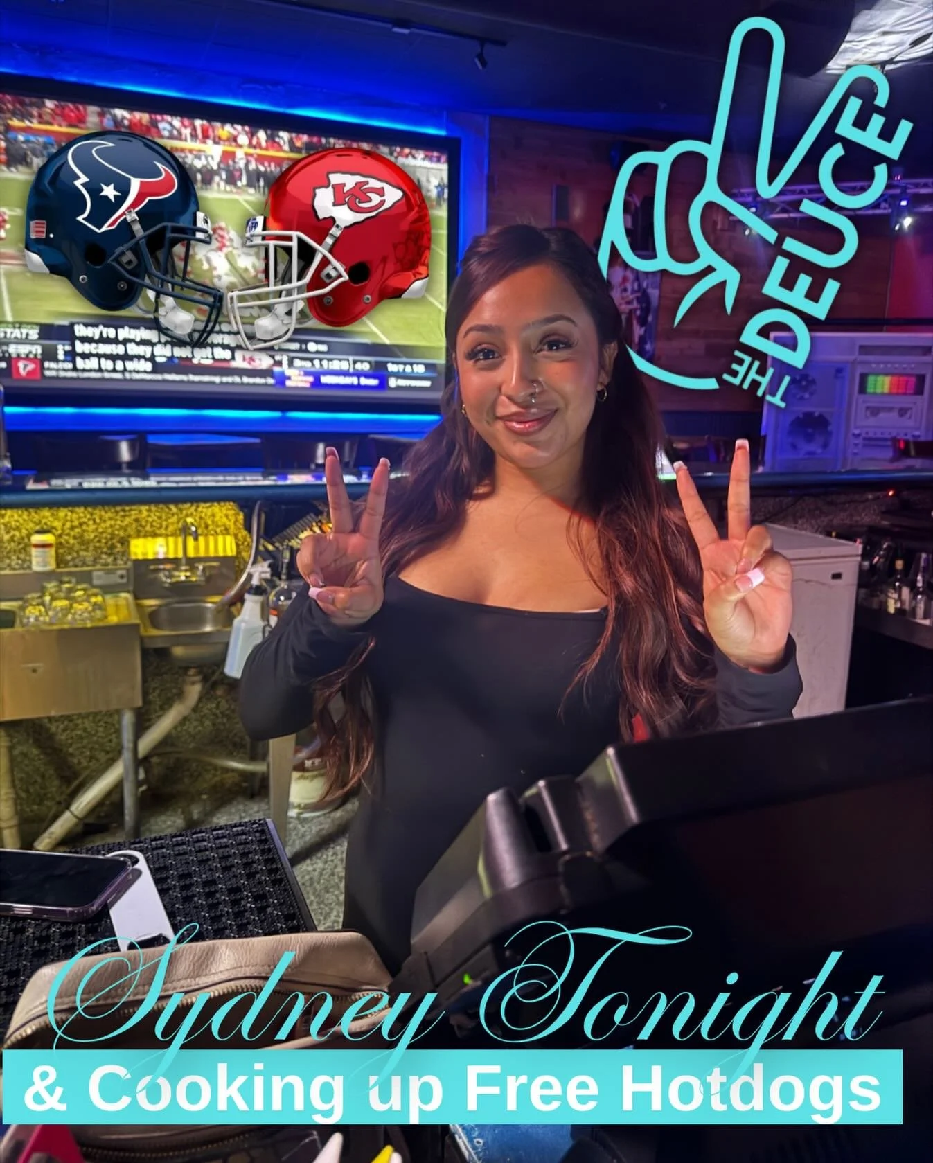 ✌️ TONIGHT AT THE DEUCE! ✌️
Sydney is behind the bar serving smiles and cooking up FREE hotdogs while we roll into Sunday night football &mdash; Texans vs. Chiefs on the screens!

Good vibes, good games, and good food&hellip; you already know where t