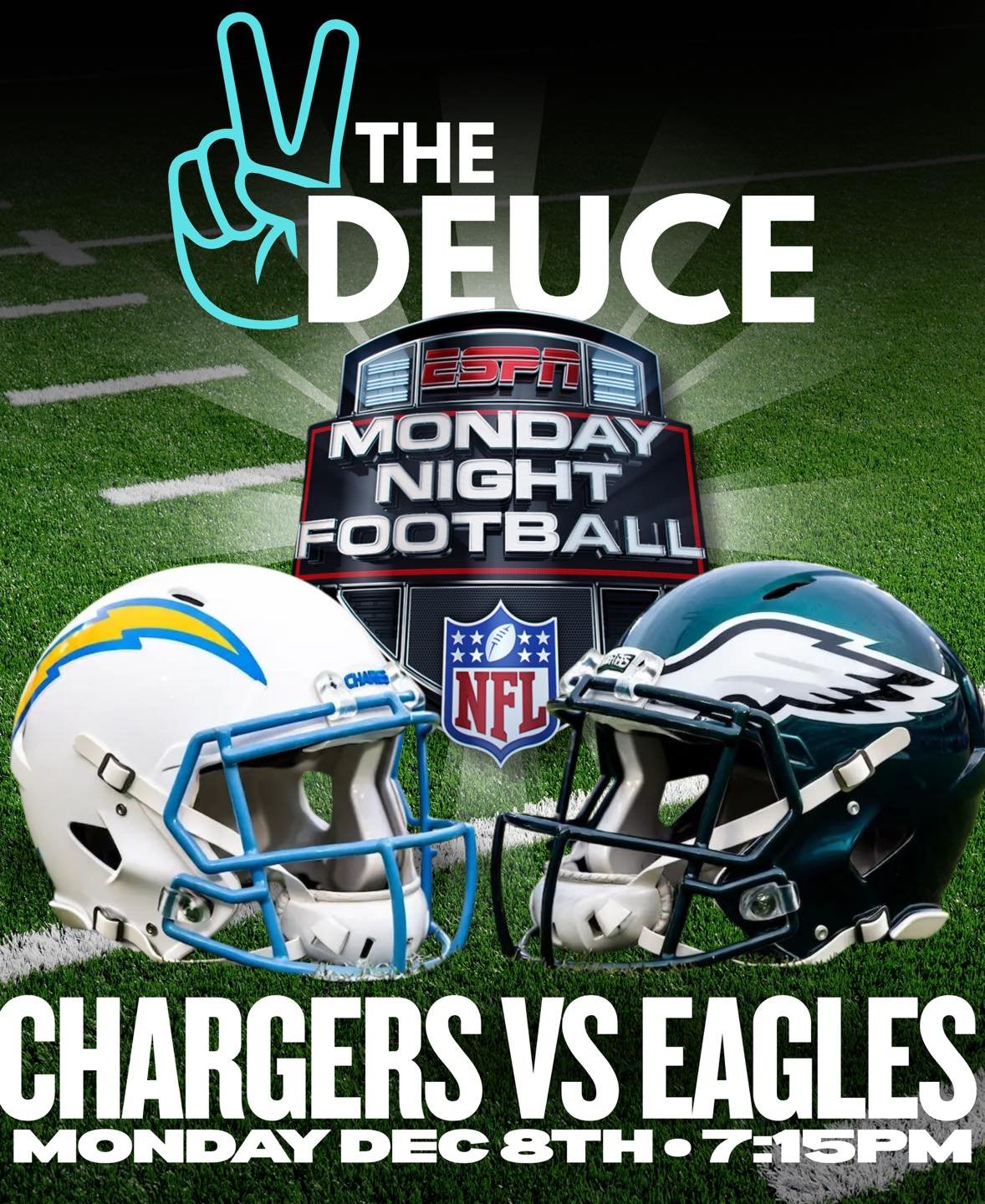Monday Night Football at The Deuce!
Chargers vs Eagles kicks off at 7:15pm &mdash; catch every play with great drinks, great vibes, and your Deuce crew tonight! 🍻🏈⚡🦅

#TheDeuceSA #MondayNightFootball #GameNightVibes