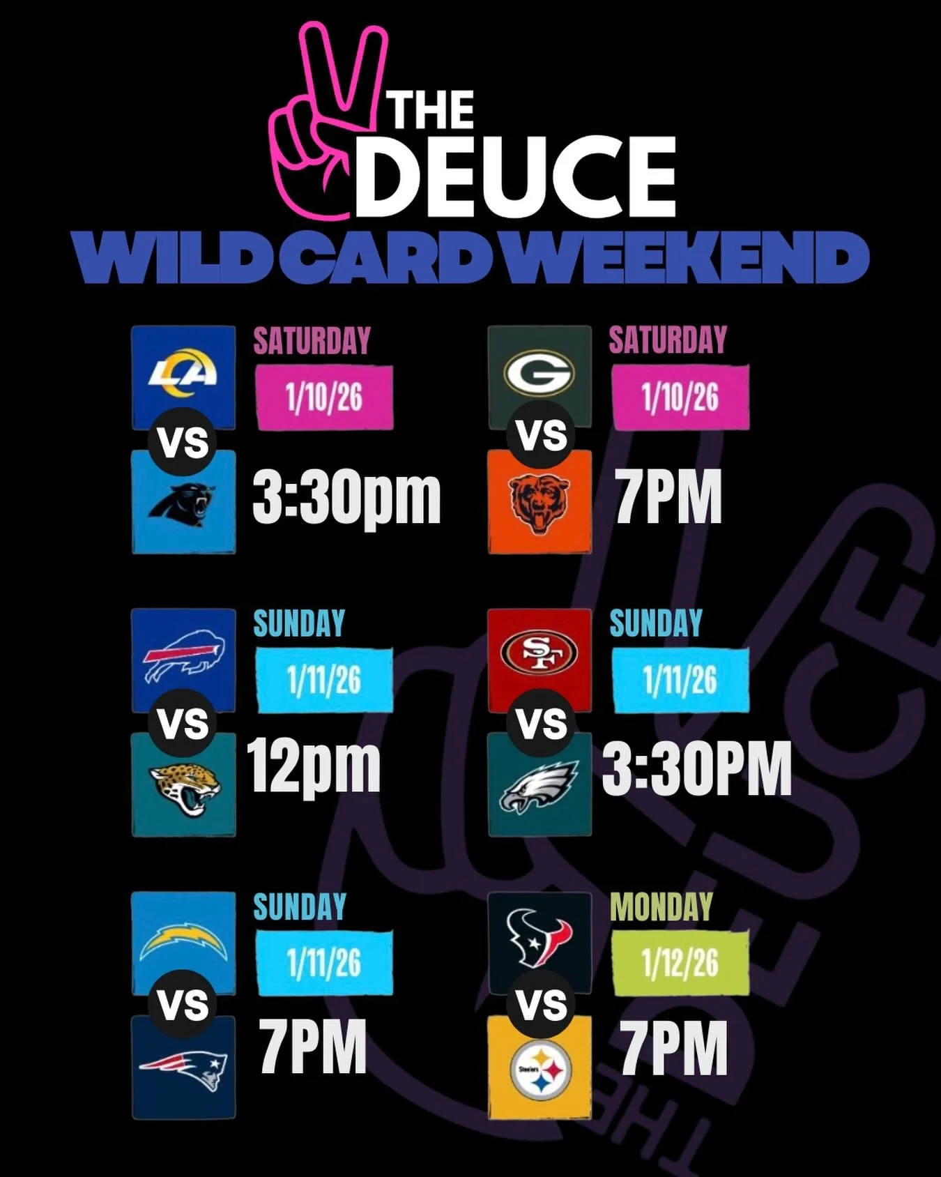 🏈 WILD CARD WEEKEND IS HERE 🏈
Playoff football all weekend long at The Deuce 🍻🔥

Big screens &amp; cold drinks
We&rsquo;re kicking things off today at 3:30PM &mdash; don&rsquo;t miss a snap.

#WildCardWeekend #TheDeuceSA #PlayoffVibes 🏈🍺