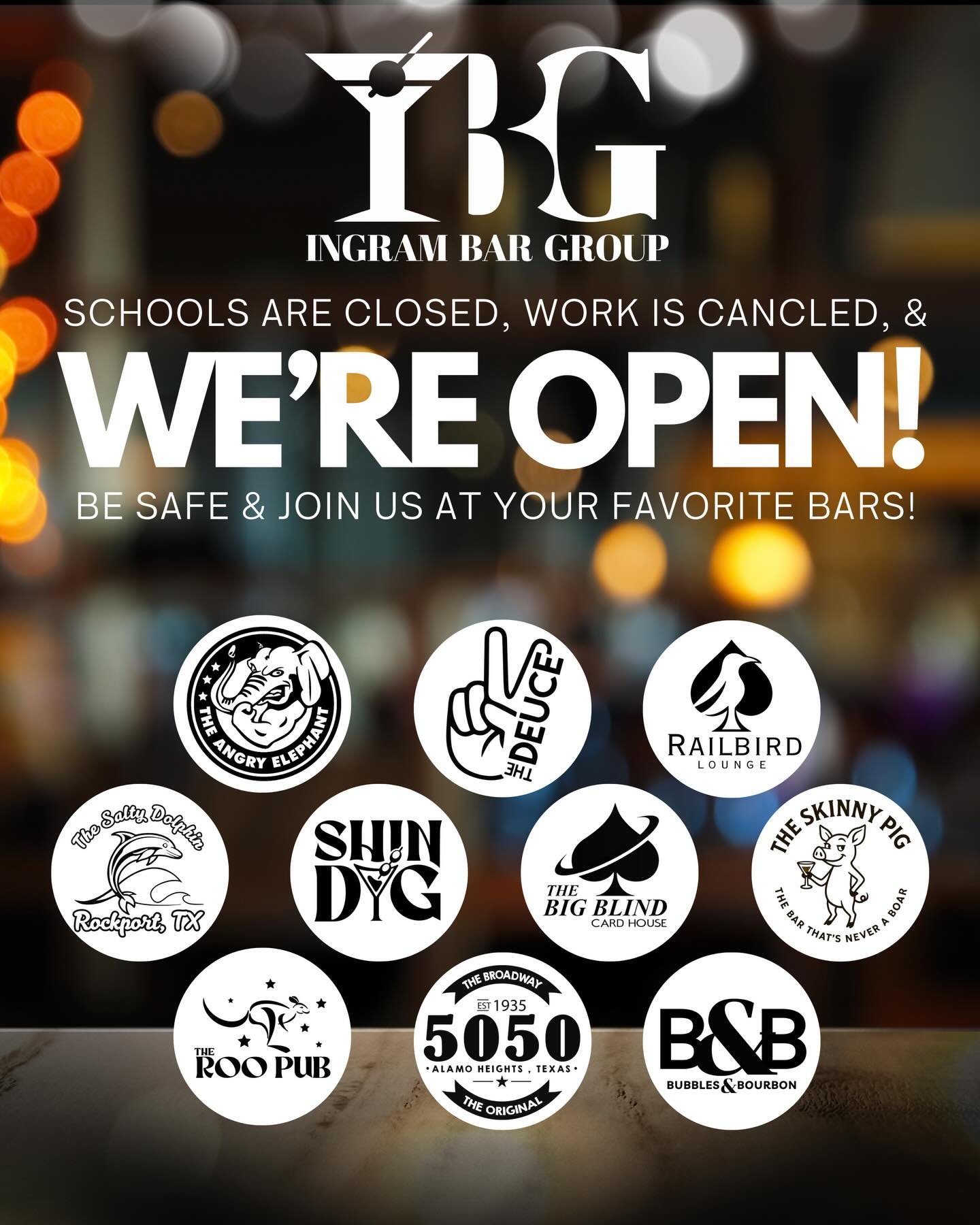 Schools are closed, work is canceled &mdash; but we&rsquo;re open 🍻
If you&rsquo;re heading out, be safe and swing by your favorite neighborhood bar.
Good drinks, familiar faces, and a warm place to land.