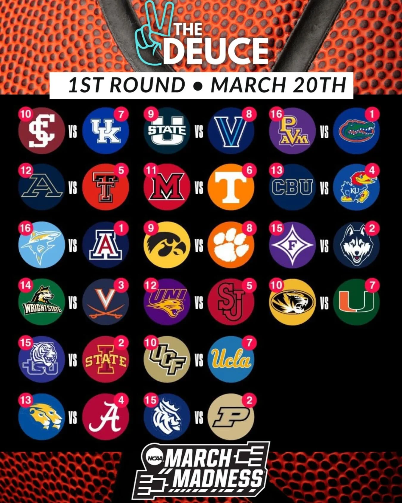 March Madness &ndash; First Round Day 2 🏀🔥

Day two of the madness is HERE and it&rsquo;s going down at The Deuce ✌🏼

Every game on, drinks in hand, and that perfect laid-back game day vibe 🍻
Expect upsets, wild finishes, and brackets getting wre