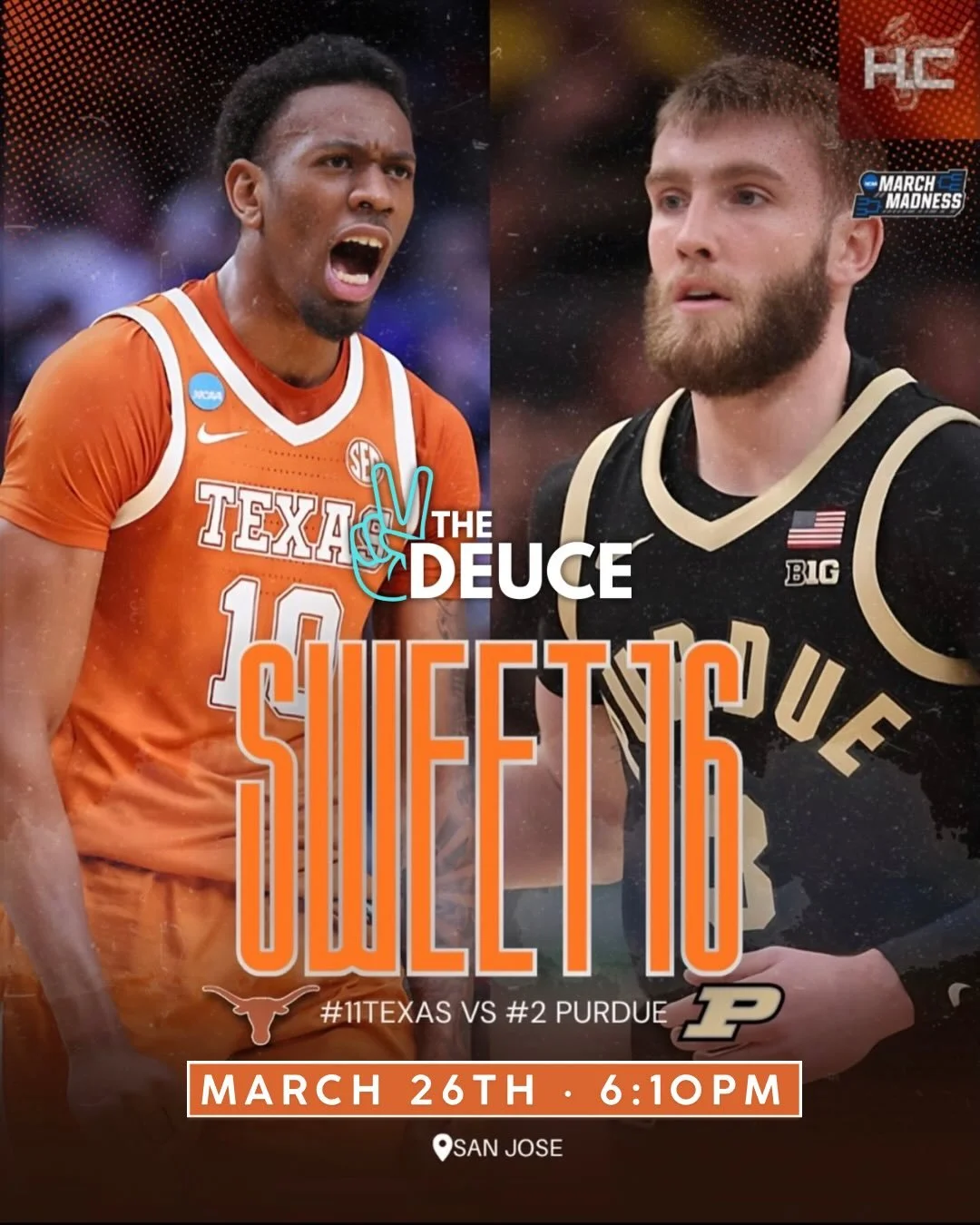 Sweet 16 showdown 🏀🔥

Texas vs Purdue tonight at 6:10PM 🤘 vs 🚂
Who you riding with?? 👀

Catch all the action at The Deuce &mdash; cold drinks, good vibes, and a game you don&rsquo;t wanna miss 🍻

See y&rsquo;all at tip-off

#MarchMadness #HookE
