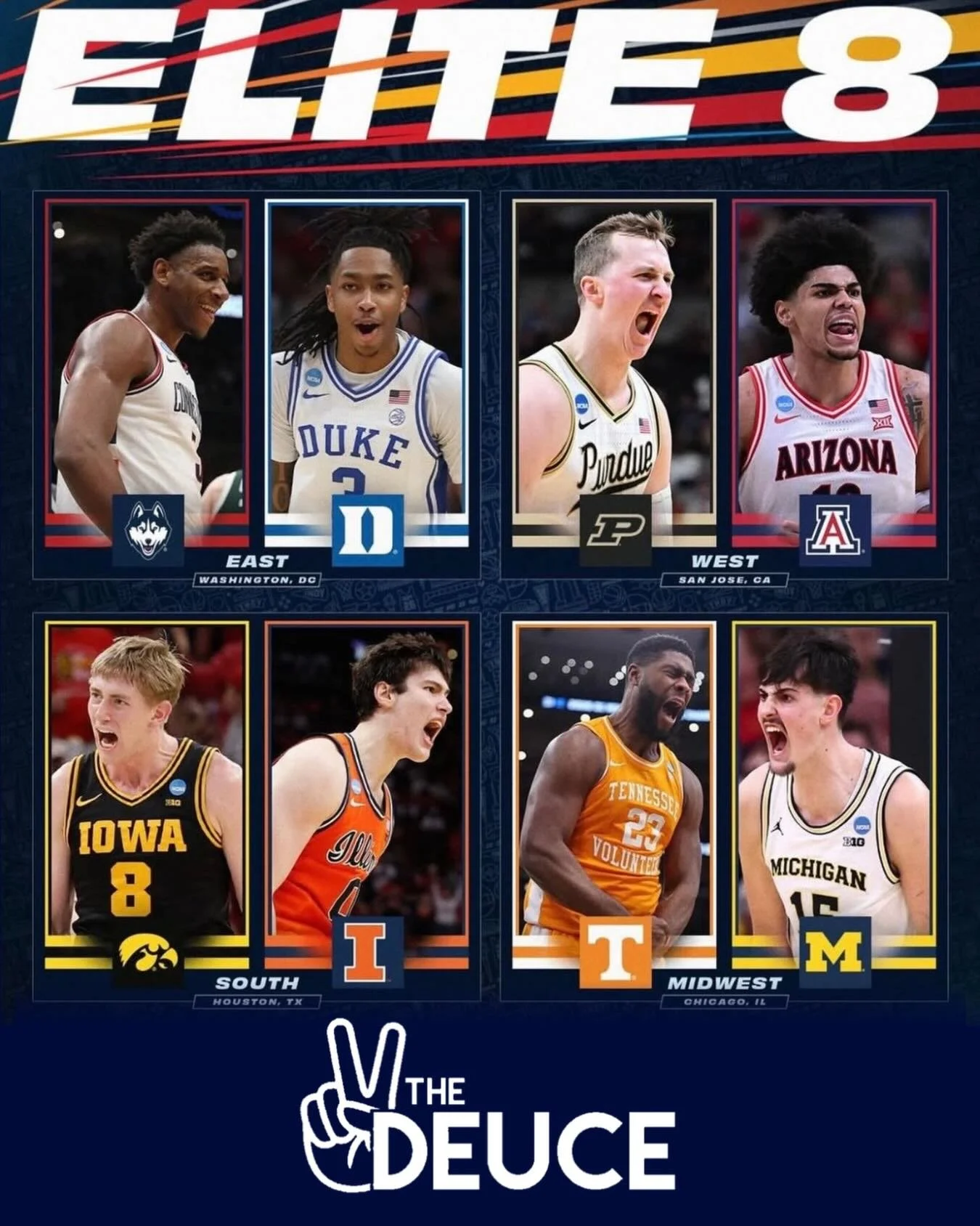 Elite 8 Weekend at The Deuce 🏀🔥

Big games. Strong drinks. No bad seats.
We&rsquo;ve got every Elite 8 matchup all weekend&mdash;pull up and post up.

Saturday, March 28
⏰ 5:00PM &ndash; UConn vs. Duke
⏰ 7:30PM &ndash; Purdue vs. Arizona

Sunday, M