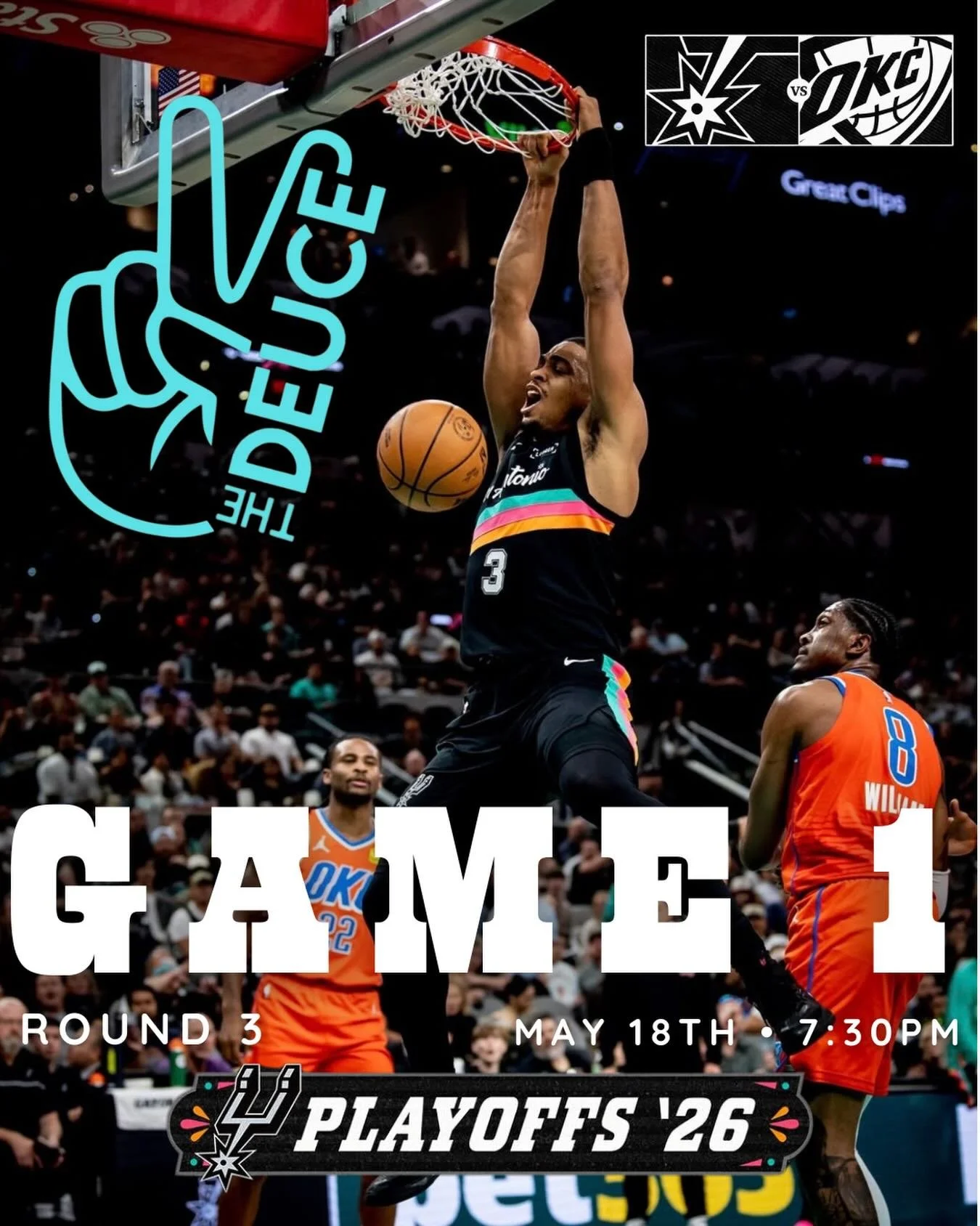 GAME 1. ROUND 3. 😤🏀

The Spurs are back tonight and The Deuce is ready for all the playoff action at 7:30PM 🖤🔥

Cold drinks, good vibes, and Spurs basketball on all the TVs &mdash; exactly where you need to be tonight 🍻
Grab your crew and come c