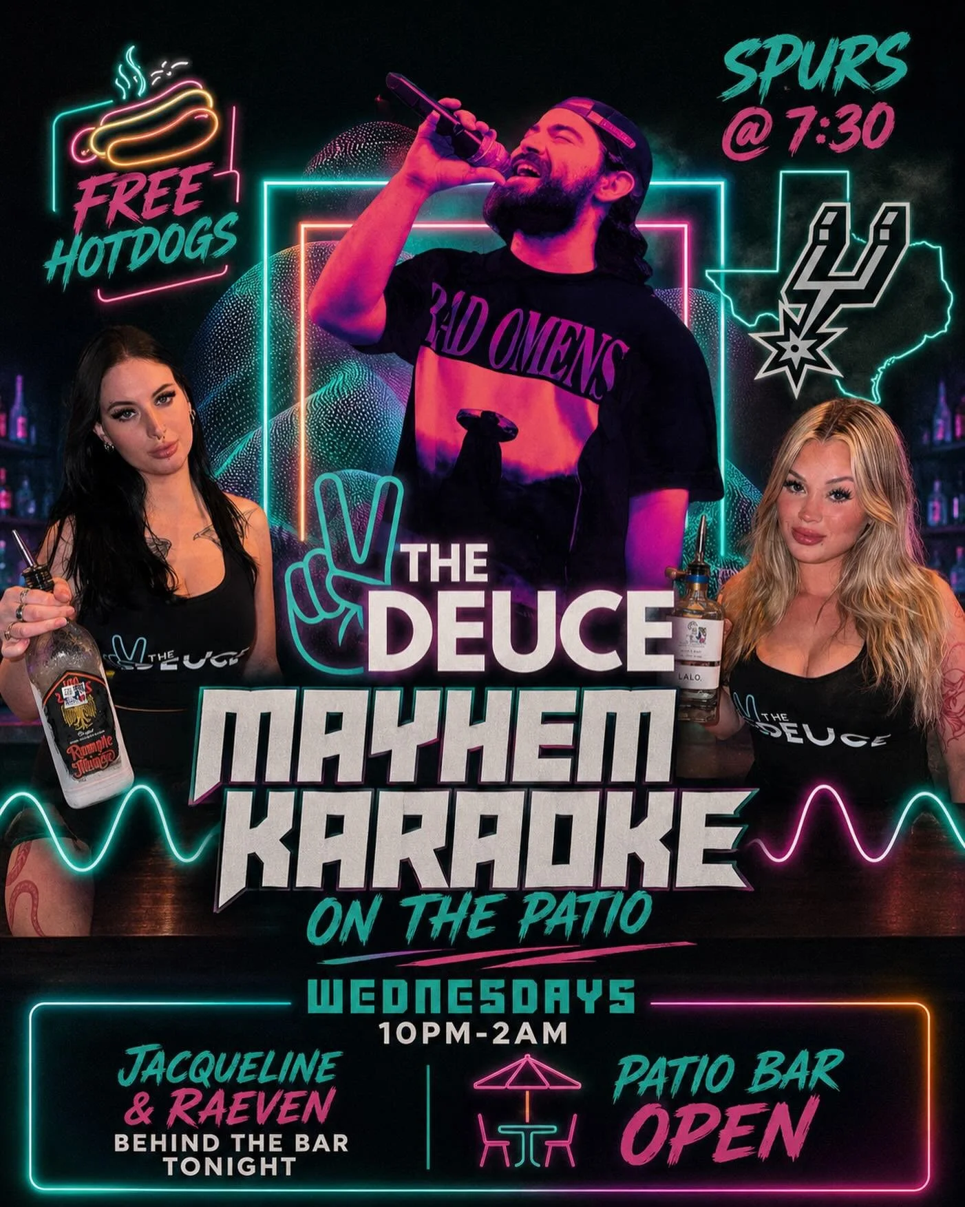 WEDNESDAYS just got a whole lot louder 😮&zwj;💨🎤

MAYHEM KARAOKE is taking over the patio at The Deuce every Wednesday from 10PM&ndash;2AM with KJ bringing the energy all night long 🔥

🌭 FREE hotdogs
🏀 Spurs @ 7:30
🍻 Patio Bar OPEN
🍹 Jacquelin