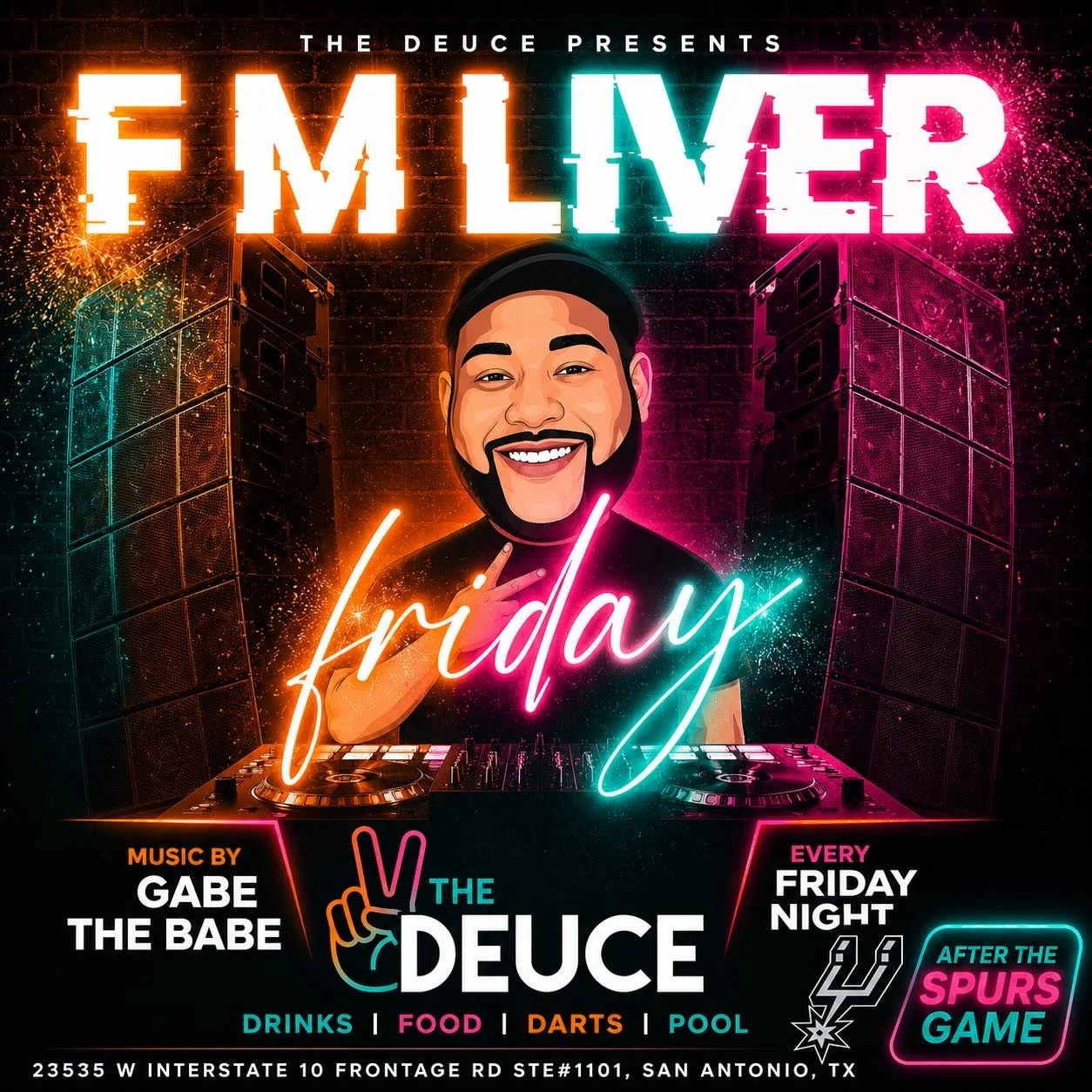 TONIGHT at The Deuce 🔥🏀🎶

Catch the Spurs game with us, then keep the night going AFTER THE SPURS GAME with FMLIVER Friday 🎧

🎶 Music by Gabe The Babe
🍻 Drinks flowing all night
🎯 Darts &bull; Pool &bull; Good vibes

Pull up after the game and
