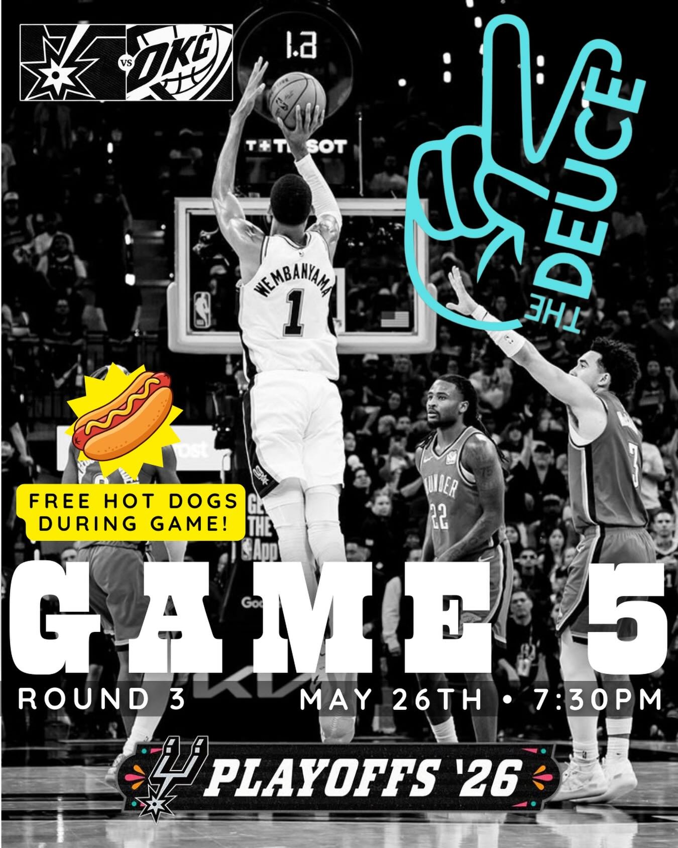 🏀 GAME 5 TONIGHT AT THE DEUCE 🏀
Spurs playoff basketball, cold drinks, and FREE HOT DOGS during the game? Say less 🌭🔥

Come catch all the action with the best crowd in town and cheer on the Silver &amp; Black as they battle OKC in Round 3. Grab a