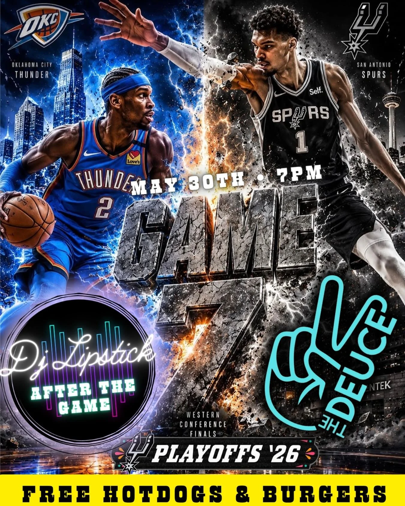 🏀 GAME 7. WIN OR GO HOME. 🏀

The Western Conference Finals come down to this. Spurs vs. Thunder. One game for a trip to the NBA Finals. 🔥

📅 Saturday, May 30
⏰ Game Time: 7PM
🏀 Spurs vs. Thunder &ndash; Game 7
🌭 FREE Hot Dogs &amp; Burgers Duri