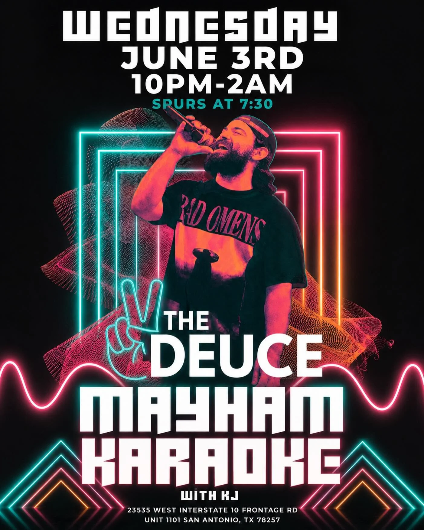 Looks great with the retro Spurs colors. Here&rsquo;s a caption for The Deuce:

🎤 WEDNESDAY NIGHT = MAYHEM KARAOKE 🎤

Grab the mic, bring the crew, and take your shot at karaoke glory tonight at The Deuce!

🏀 Spurs at 7:30PM
🎶 Karaoke with KJ | 1