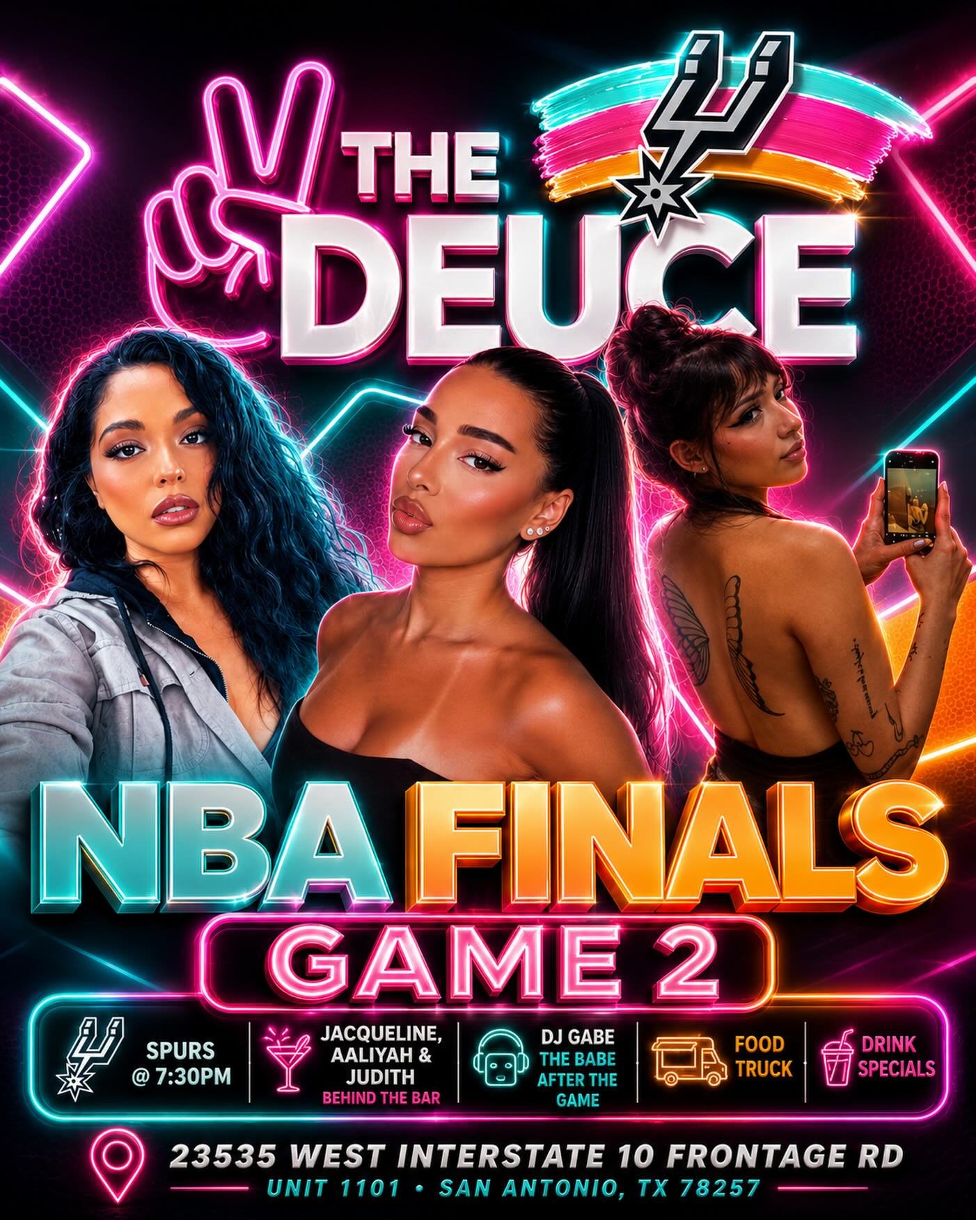 🏀 NBA Finals Game 2! 🏀

Catch all the action at The Deuce tomorrow with Spurs tip-off at 7:30PM!

🍔 Food Truck🍻 Drink Specials🎧 DJ Gabe The Babe after the game🍹 Jacqueline, Aaliyah &amp; Judith behind the bar

Big screens, cold drinks, and play