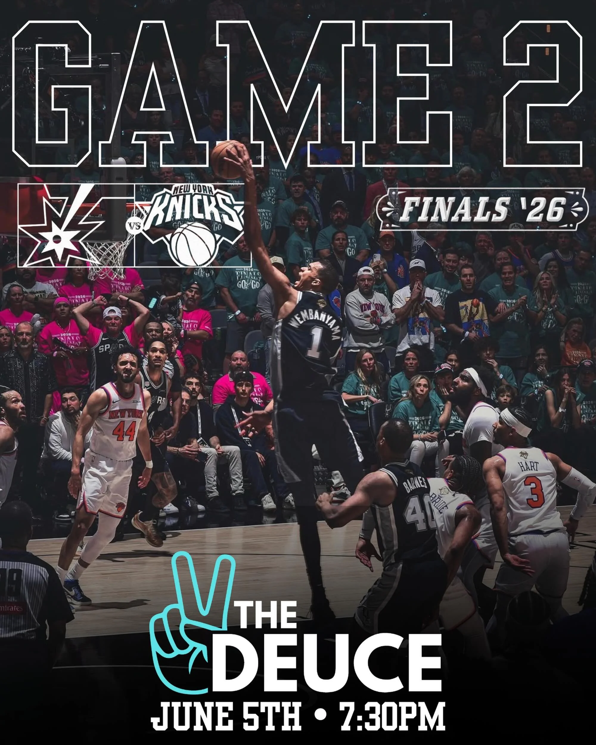 🏀 GAME 2 TONIGHT! 🏀

The Spurs look to bounce back and even the Finals series against the Knicks!

📍 The Deuce
⏰ 7:30PM Tip-Off
📺 Catch every second on our TVs
🍺 Ice-cold drinks and patio game-day vibes
🚚 Food Truck 

Grab your crew and watch t