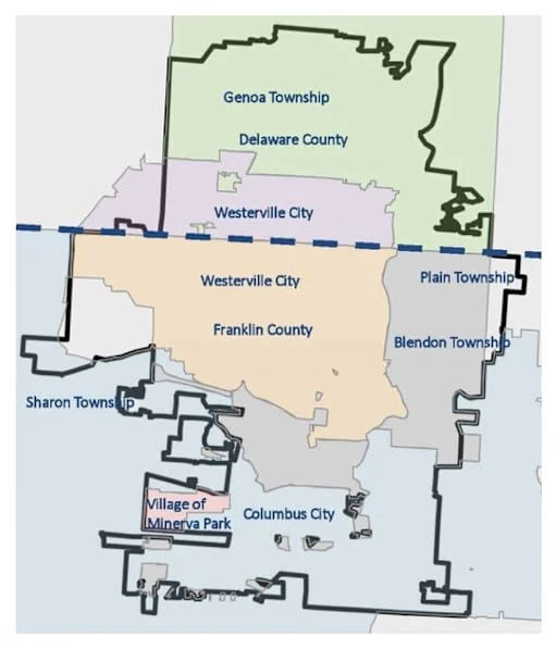 Map of Westerville, Ohio, showing boundaries of neighborhoods and townships, including Genoa Township, Delaware County, Westerville City, Plain Township, Blendon Township, Franklin County, Sharon Township, Village of Minerva Park, and Columbus City.