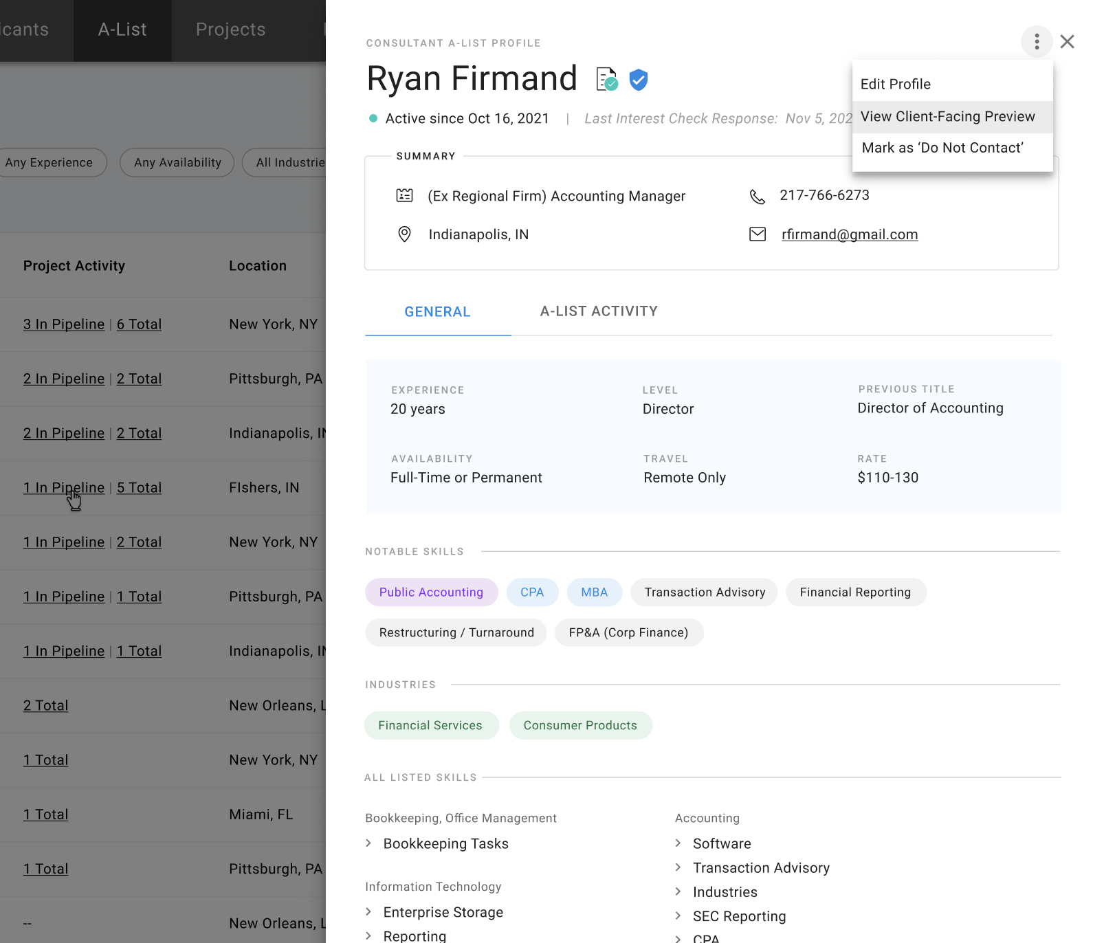 Screenshot of a professional profile page for Ryan Firmand, an accountant, showing contact information, experience, skills, and industries.