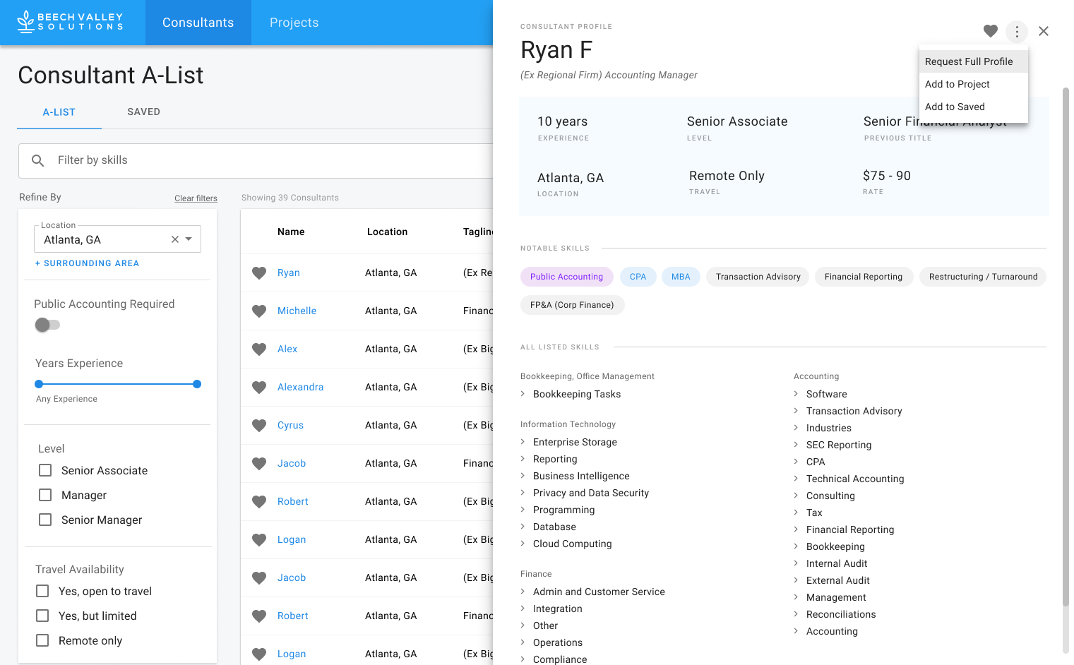 Screenshot of Beech Valley Solutions platform showing a consultant A-List profile overview, including a profile for Ryan F, an Ex Regional Firm Accounting Manager with 10 years experience, based in Atlanta, GA, working remotely, rated at $75-90, with skills in Public Accounting, CPA, MBA, and Transaction Advisory. The interface has filters for location, experience, level, and travel availability.