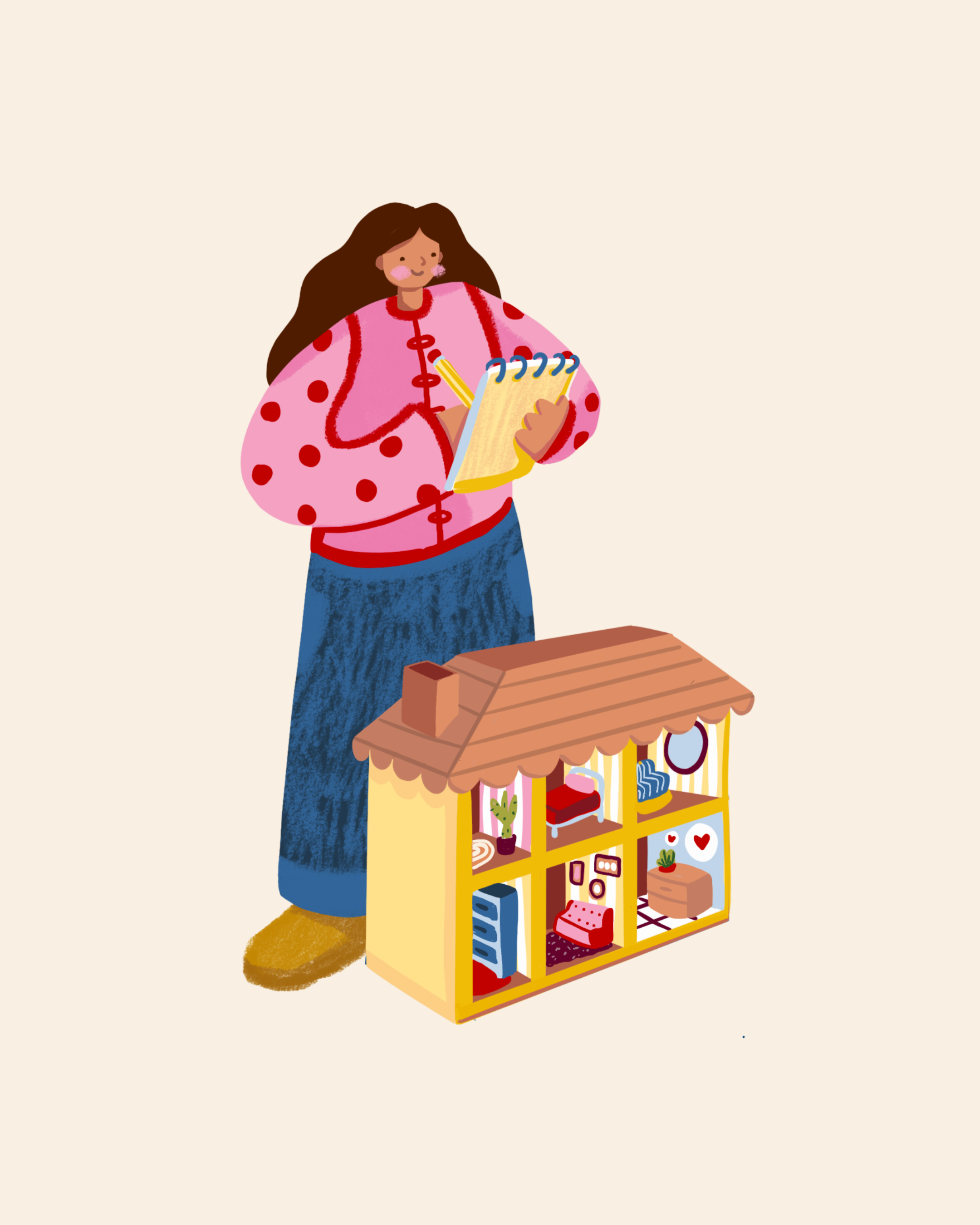 Girly pop illustration for Home in the Hemlocks brand - girl with a doll's house by Jasmine Griffiths