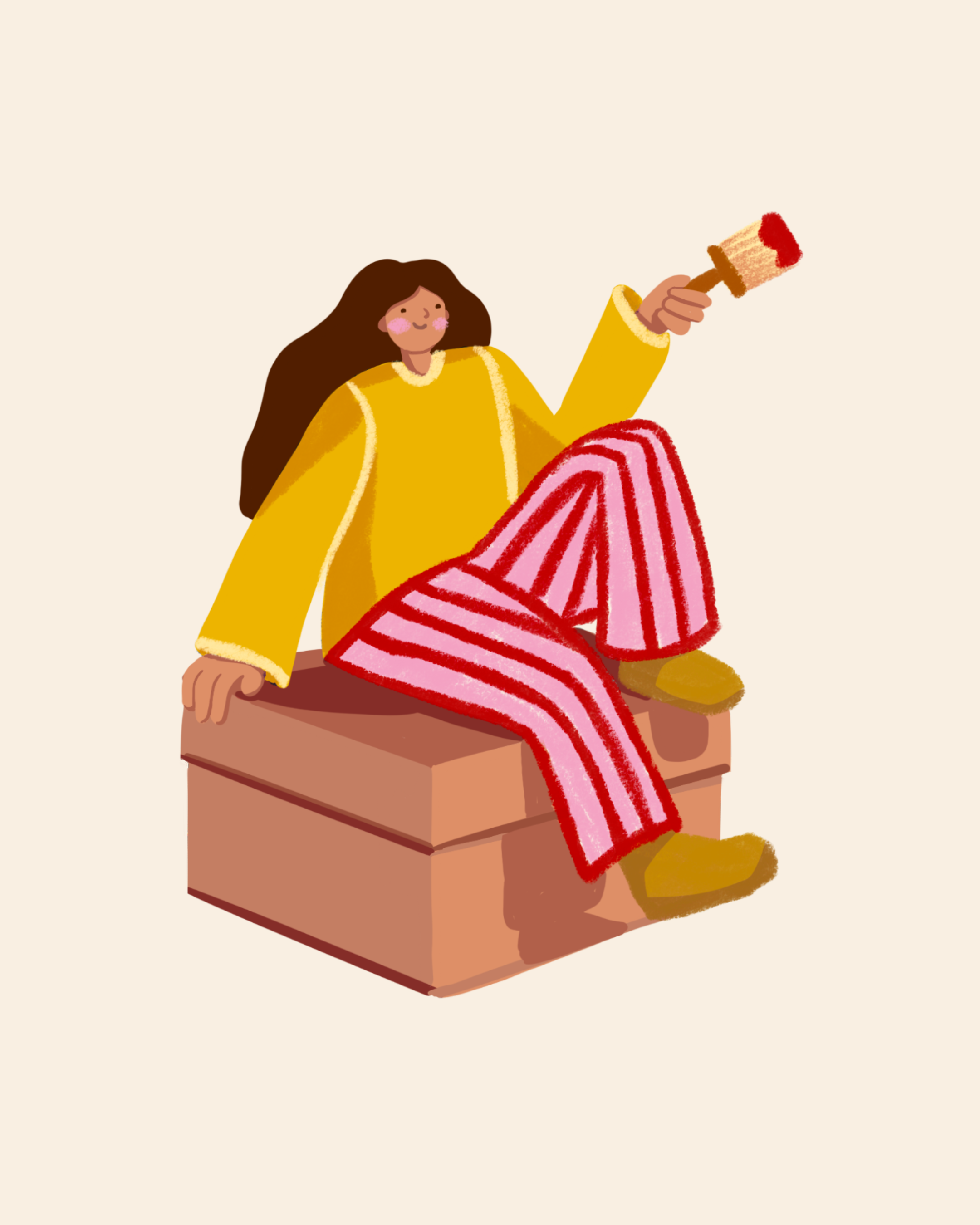 Girly pop illustration for Home in the Hemlocks brand - girl on a moving box by Jasmine Griffiths