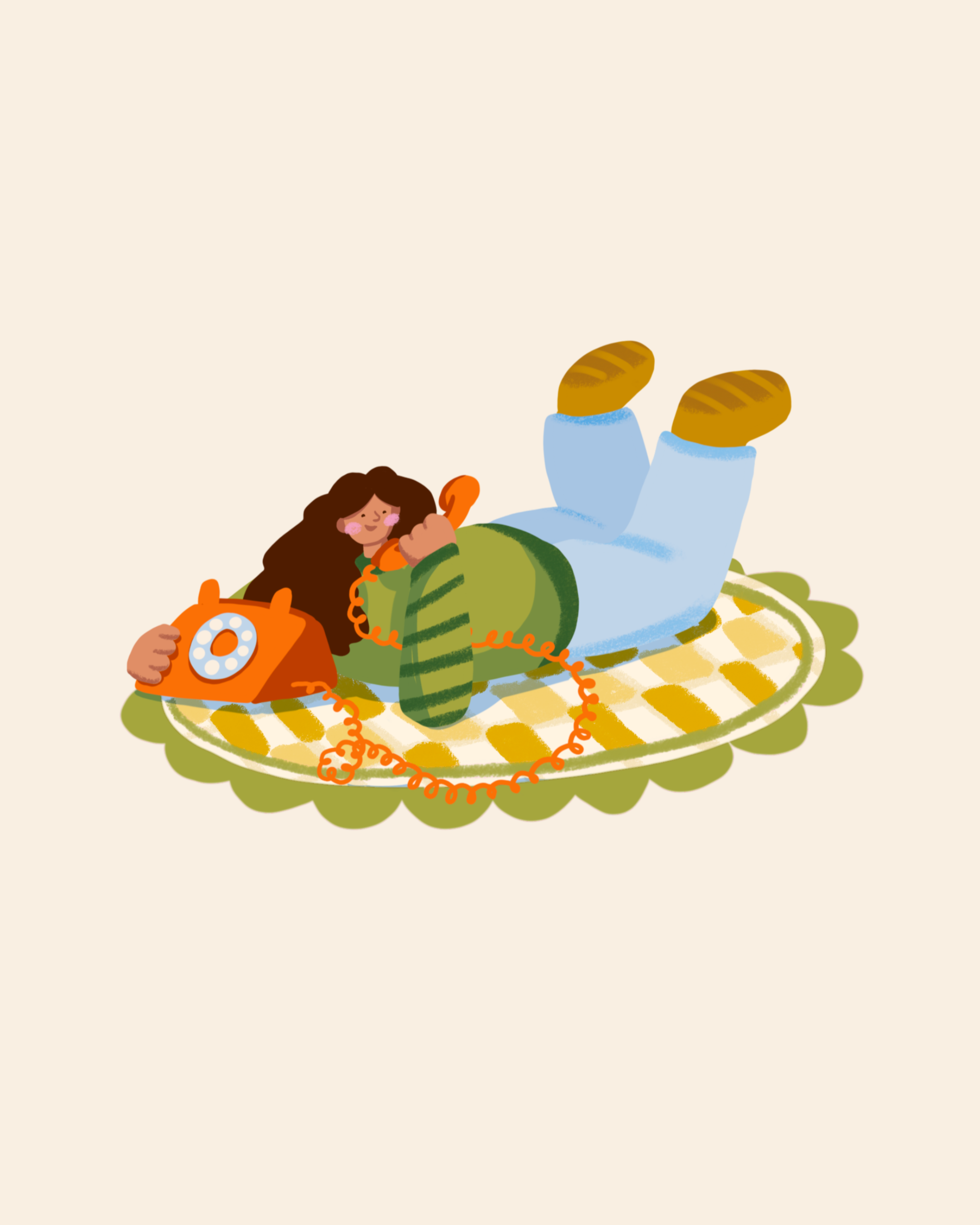 Girly pop illustration for Home in the Hemlocks brand - girl on the phone by Jasmine Griffiths