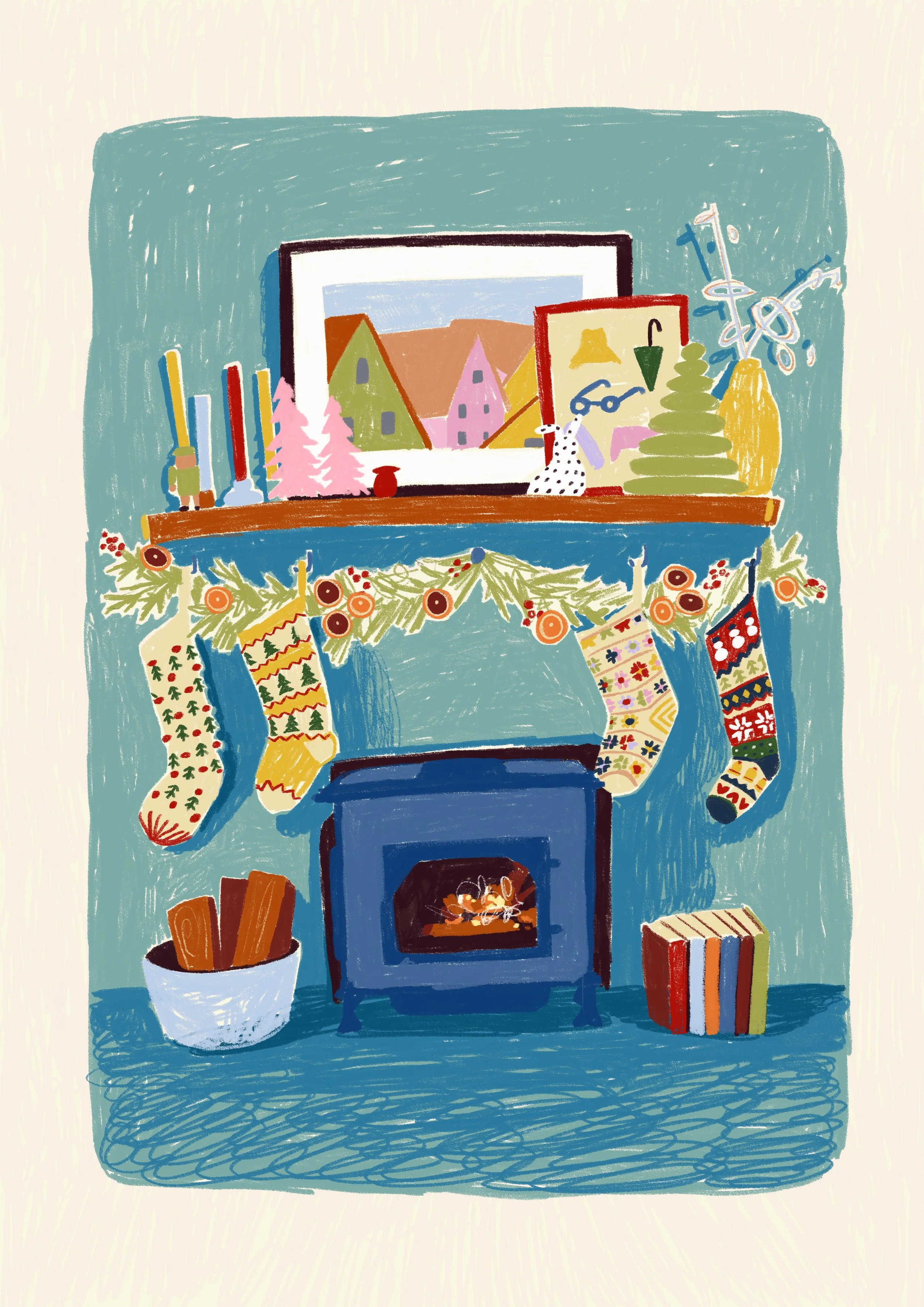 Cozy Christmas Fireplace illustration by Jasmine Griffiths