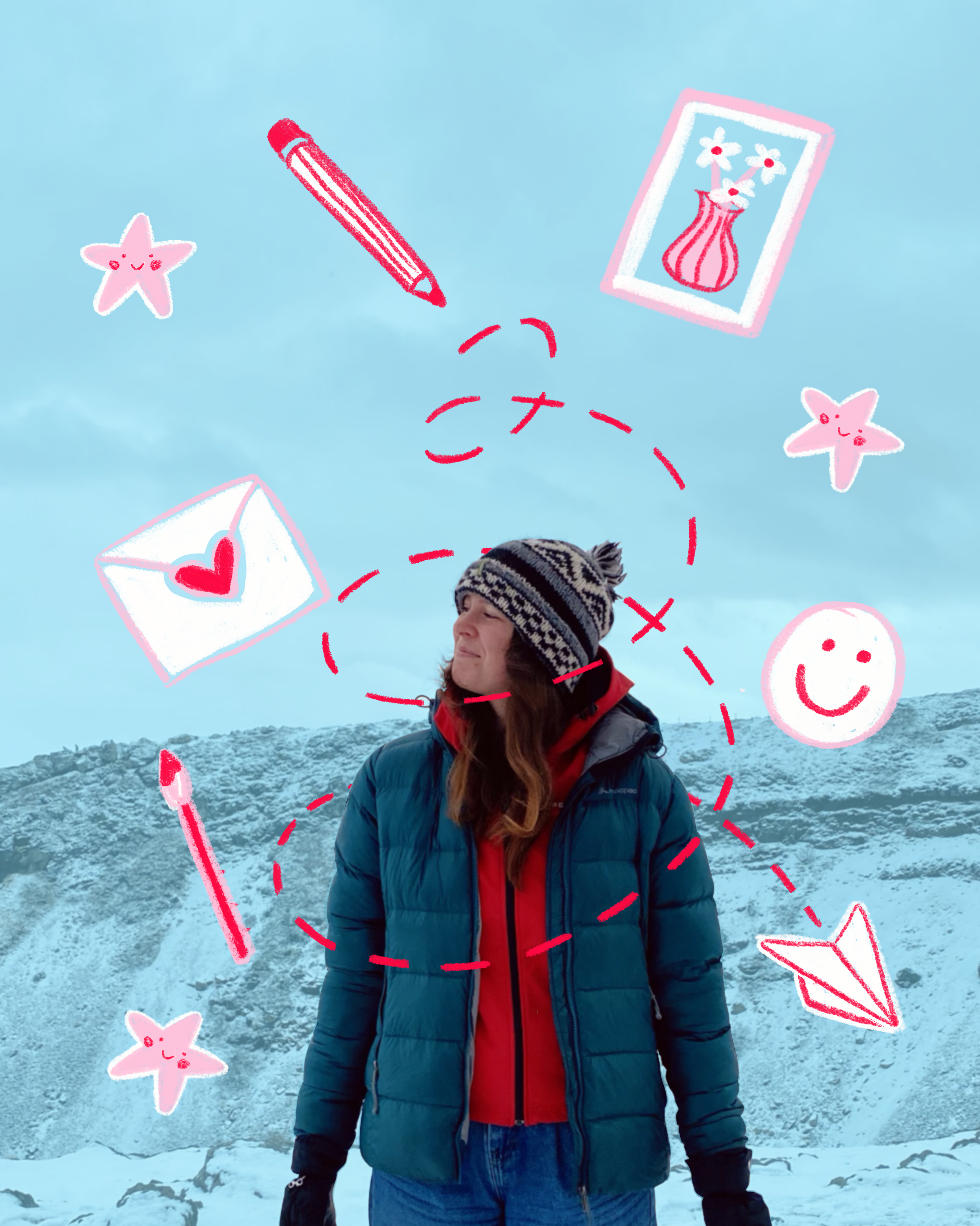 Jasmine in a green puffer jacket and bright red jacket underneath. She is wearing a black and white patterned beanie. There is a snowy background covered in a bright blue filter. On top of the image are illustrations by Jasmine featuring art supplies