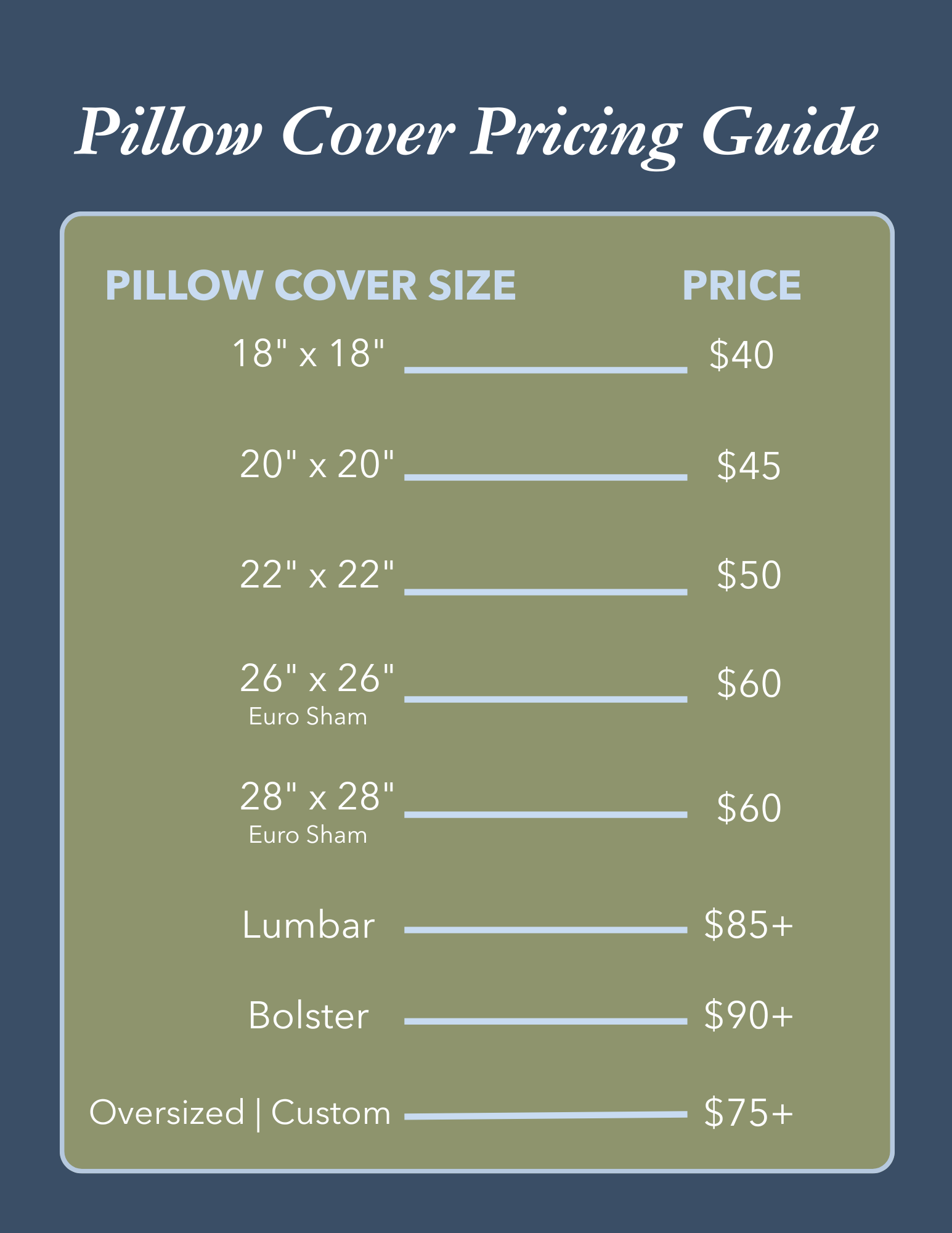 Custom Pillow Pricing by Size