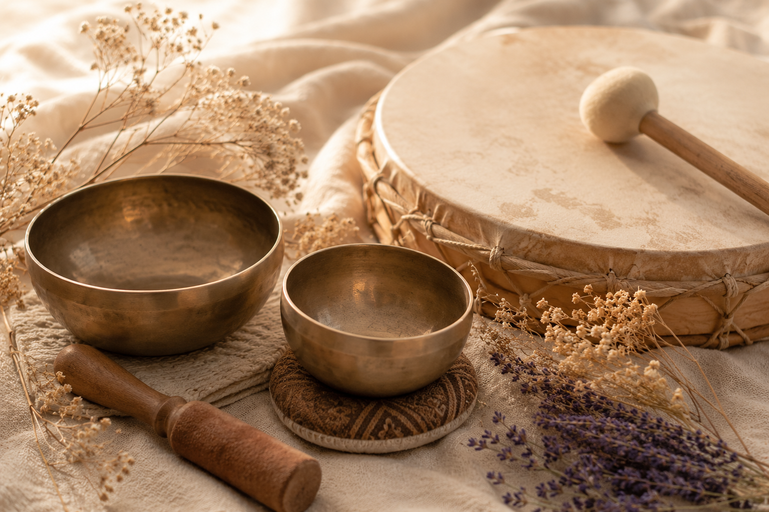 Sound healing instruments used during a Closing of the Bones postpartum healing ceremony