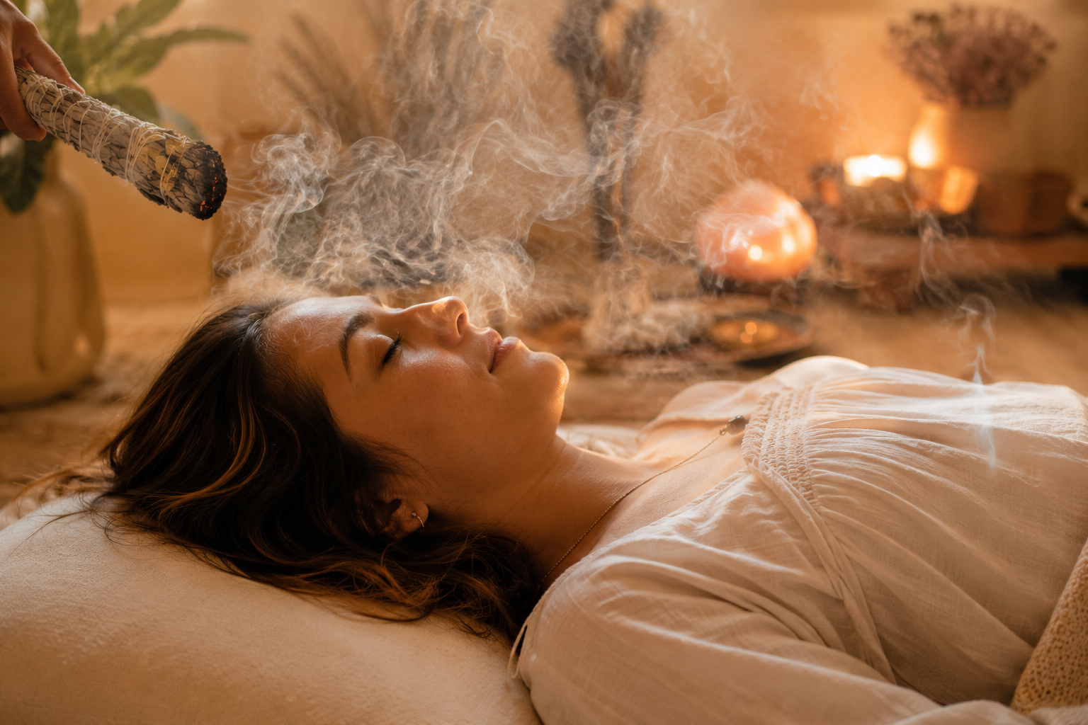 Woman receiving a Closing of the Bones postpartum healing ceremony with sage cleansing and candlelight
