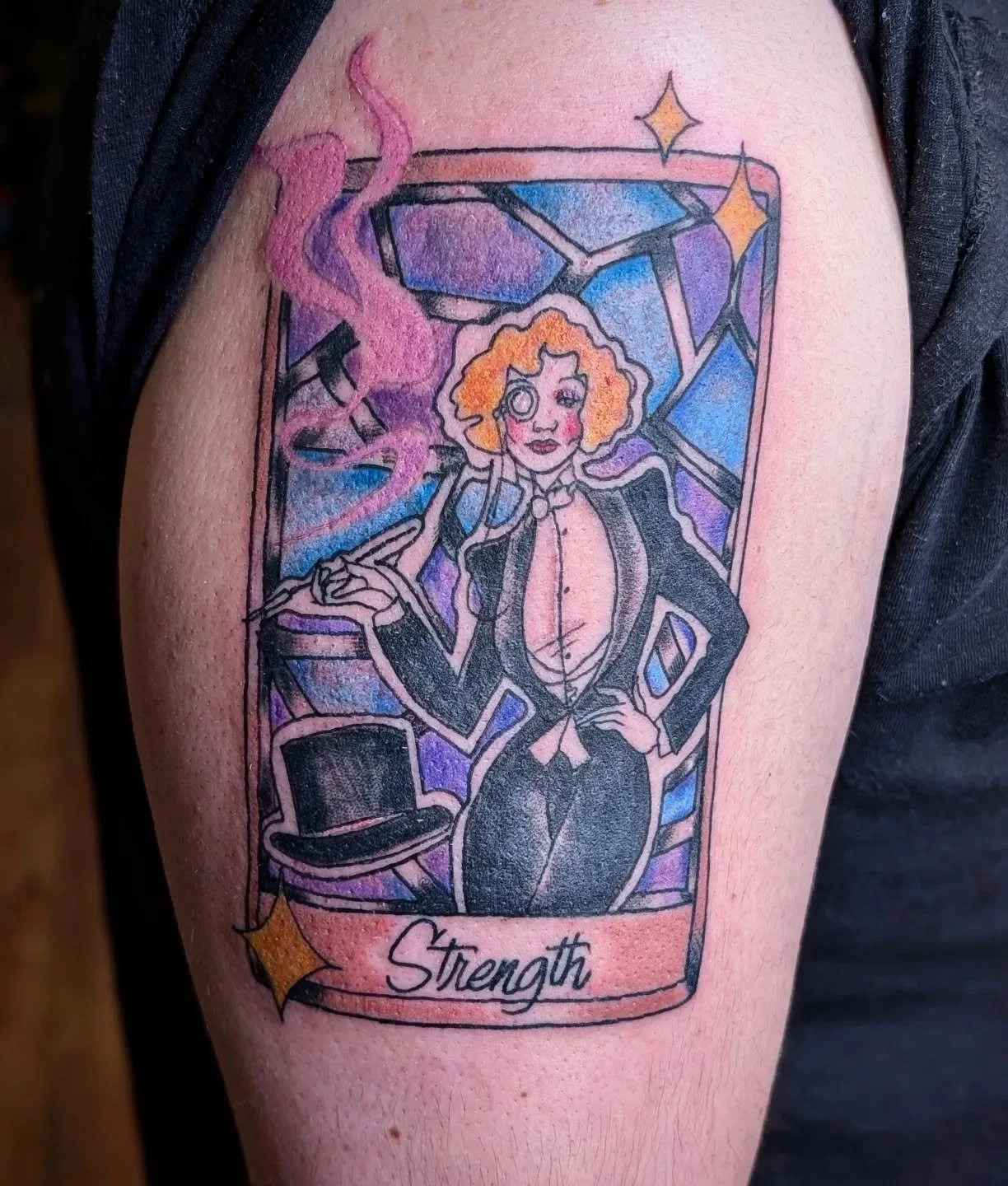 @arealjoytattoos tattooed this Marlene Dietrich inspired piece. Marlene was a drag and queer icon. Known for openly being bisexual and wearing mens clothes. She was also an American immigrant and patriot who served the troops. She was a big advocate 