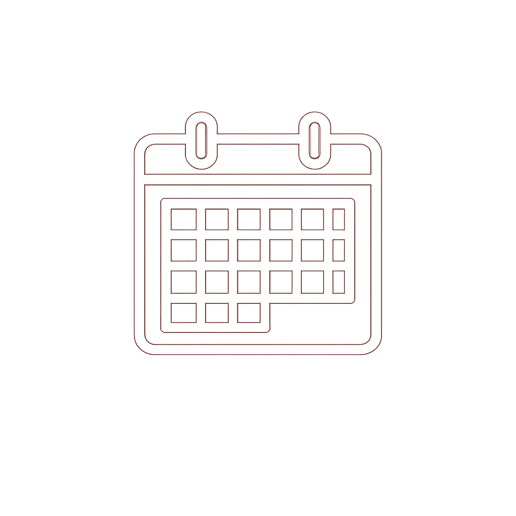 Simple line drawing of a calendar with date squares on a pink background.