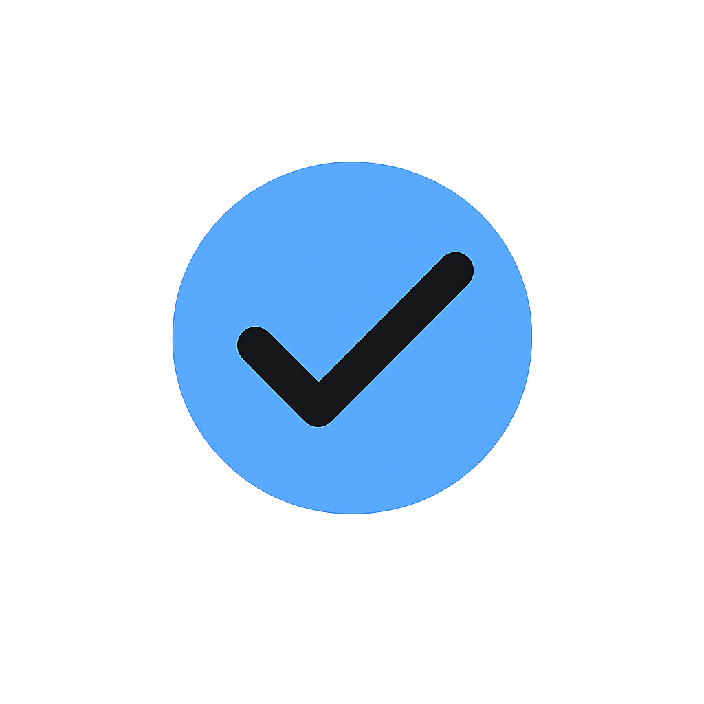Blue circle with black check mark in the center.