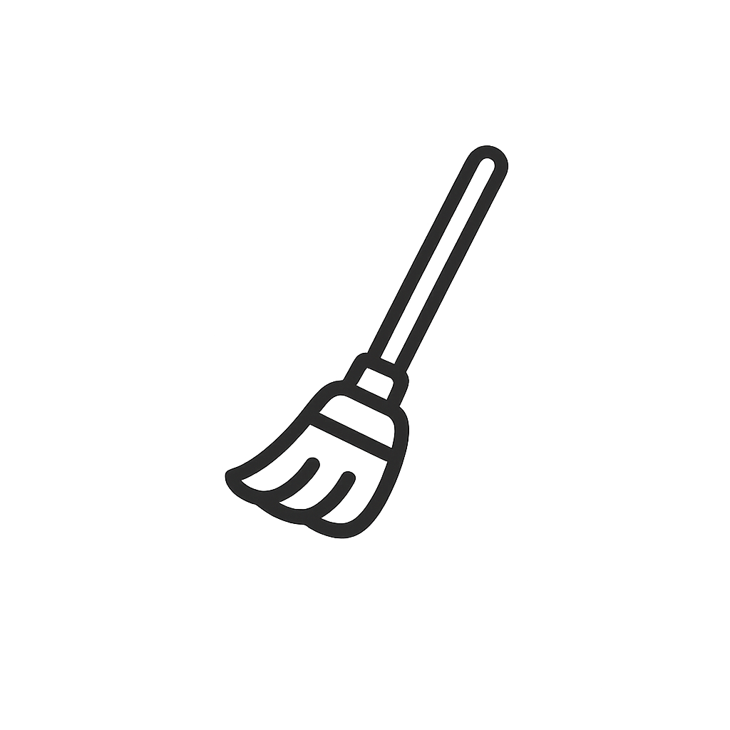 Outline illustration of a broom on a dark background.