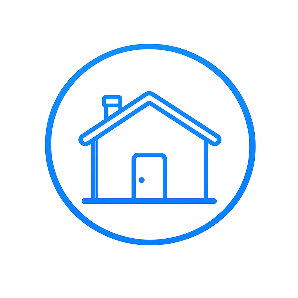 Blue neon outline of a house inside a circle