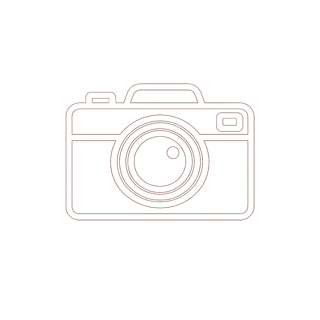 Outline drawing of a vintage camera with a large lens, viewfinder, and shutter button.