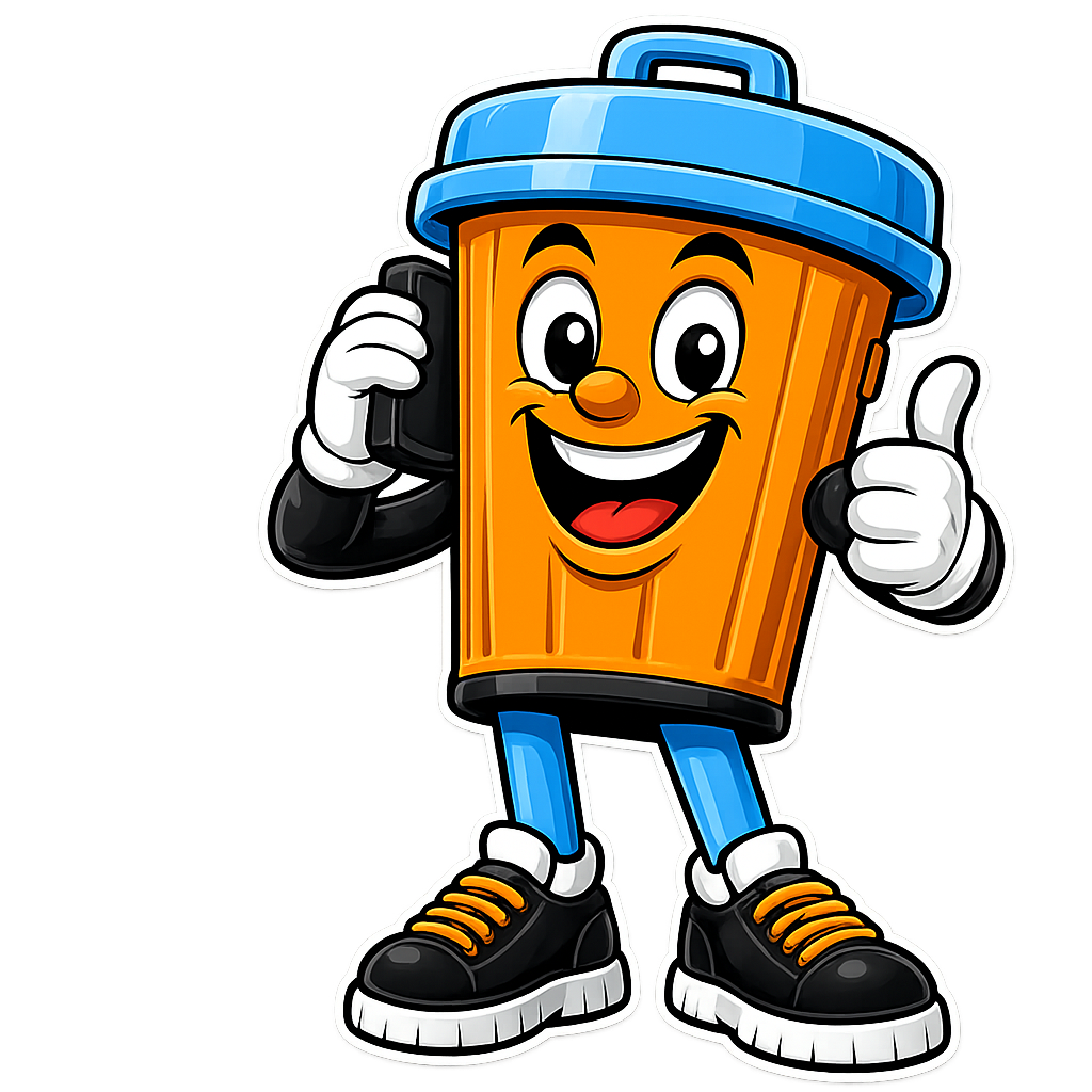 A cartoon character of a to-go coffee cup with a smiling face, wearing a blue beanie, black sneakers with orange laces, and blue pants. The character is holding a phone to its ear with one hand and giving a thumbs-up with the other.