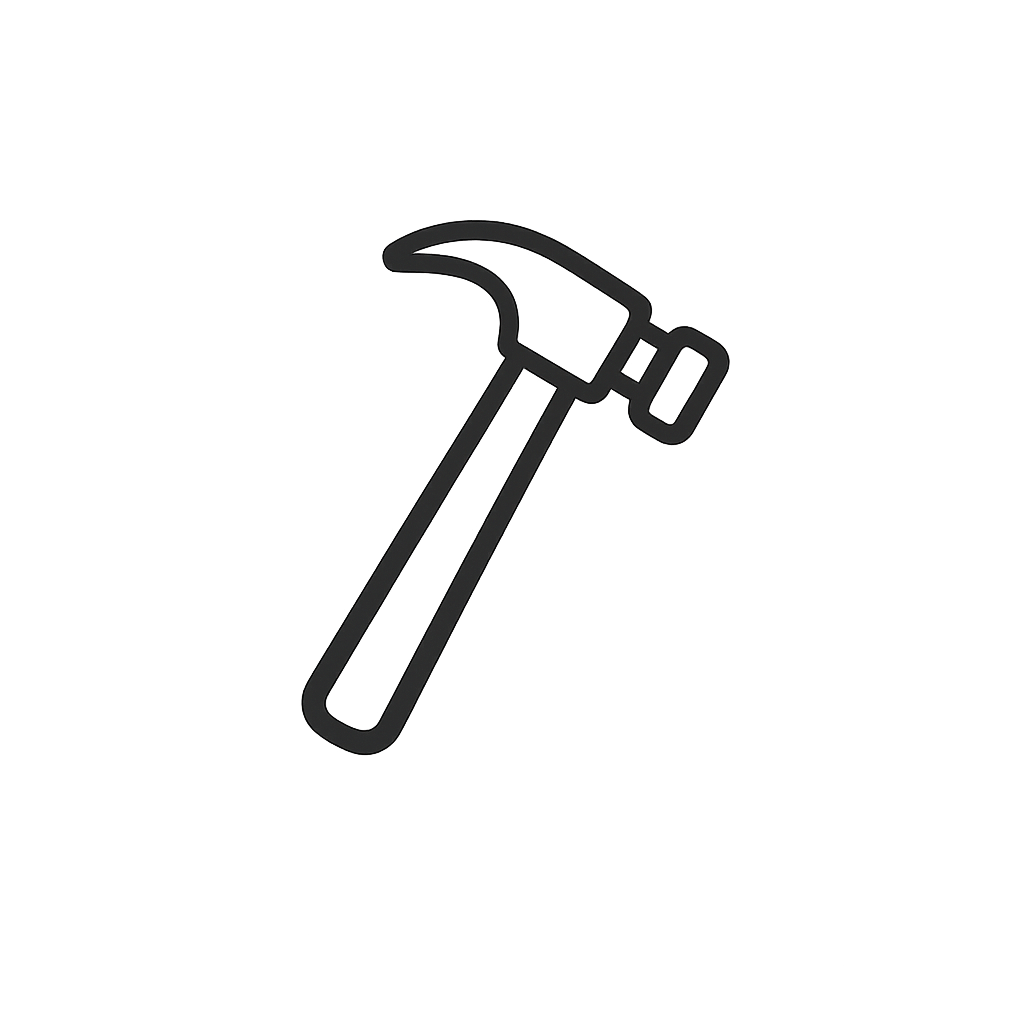Line drawing of a hammer with a black handle and a gray head.