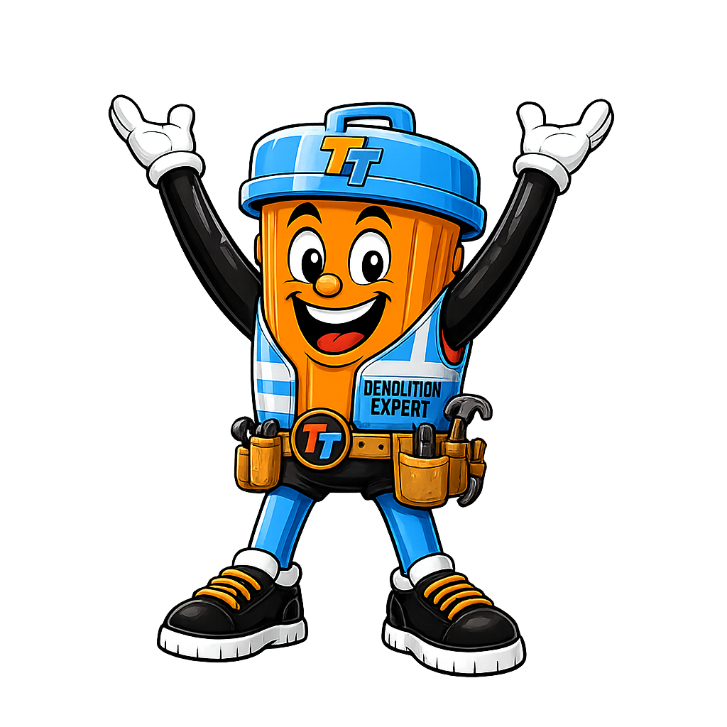 Cartoon mascot character of a trash can with arms and legs, wearing a blue cap and vest, smiling with arms raised, labeled as 'Denolition Expert', with tool belts.