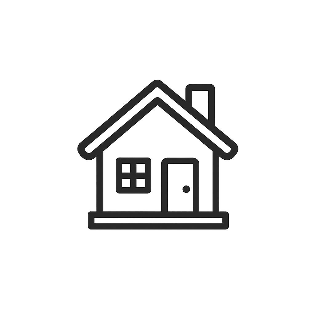 Simplified line drawing of a house with a chimney, windows, and a front door.