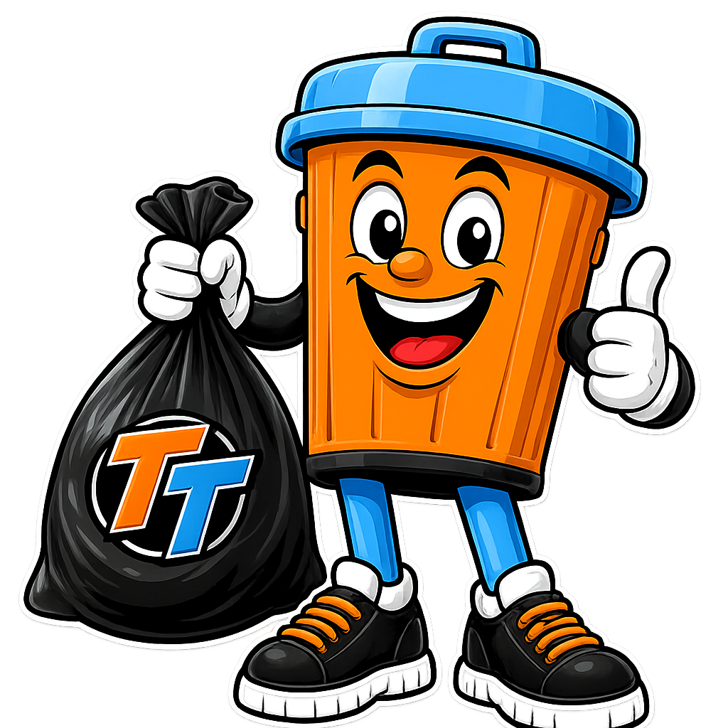 A cartoon character of an orange disposable coffee cup with a blue lid, smiling and giving a thumbs-up while holding a black trash bag with a white and orange 'TT' logo.