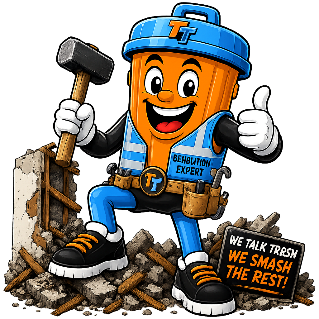A cartoon trash bin character with a smiling face, wearing a blue construction vest and hat labeled "TT". The character holds a hammer and stands on broken concrete and wood debris, giving a thumbs-up. A sign on the ground reads, "WE TALK TRASH, WE SMASH THE REST!"