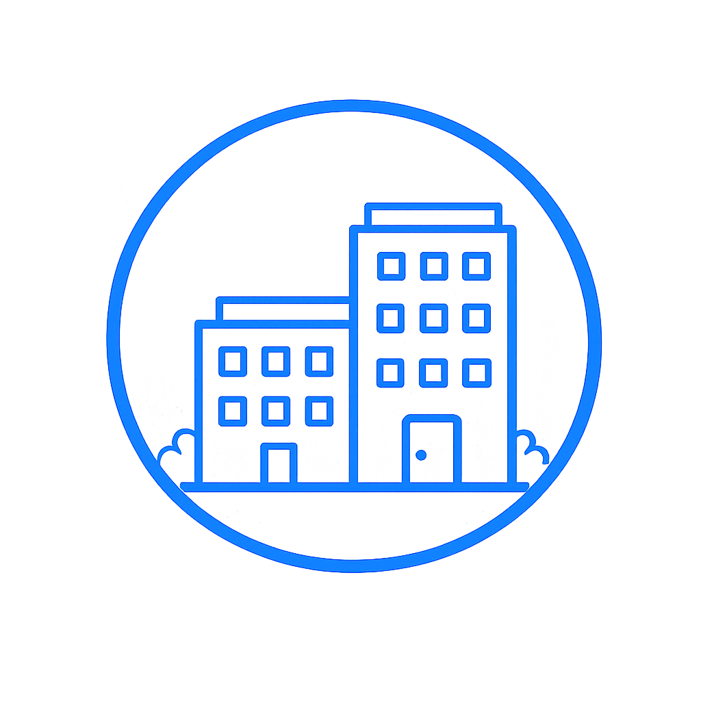 Outline of three buildings within a blue circular border, representing a cityscape or apartment complex.